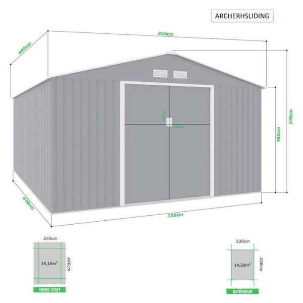 Sans Marque - Abri de jardin en métal 15,16 m² - 340 x 446 x 210 - SATURNE - Kit d'ancrage inclus, 2 portes coulissantes - Gris - Image 4