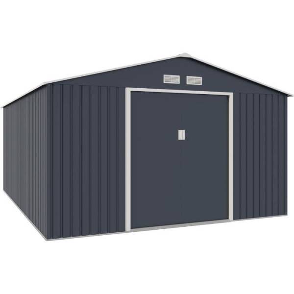 Sans Marque - Abri de jardin en métal 15,16 m² - 340 x 446 x 210 - SATURNE - Kit d'ancrage inclus, 2 portes coulissantes - Gris - Image 1