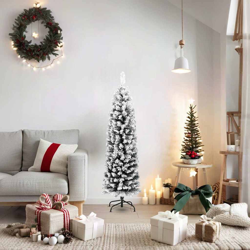 Sapin De Noël - Arbre de Noël artificiel mince flocon de neige vert 150 cm PVC - Image 7