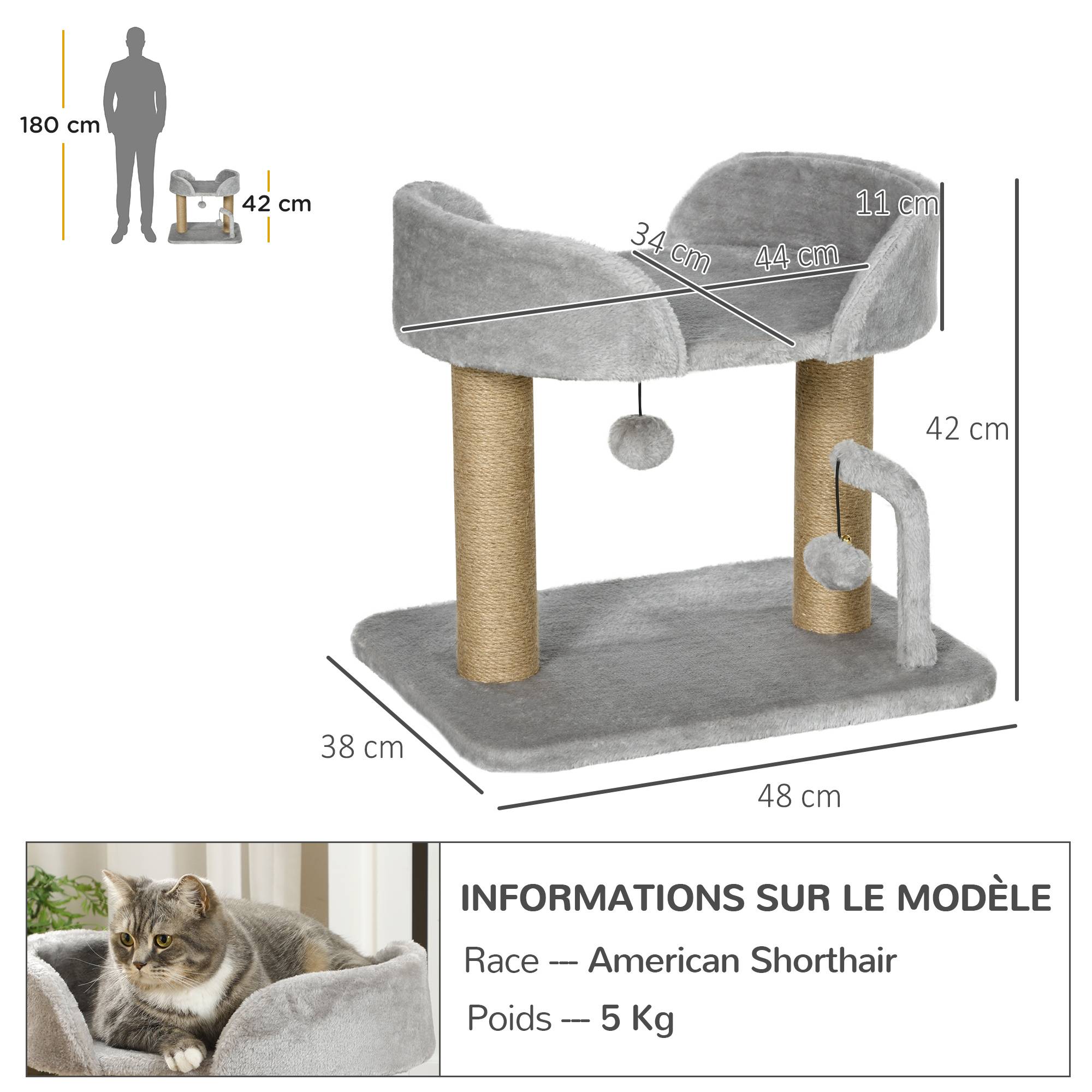 arbre à chat design griffoir jouet 2 pompons poteaux jute plateforme peluche 48x38x42 cm gris chat compact - Image 5