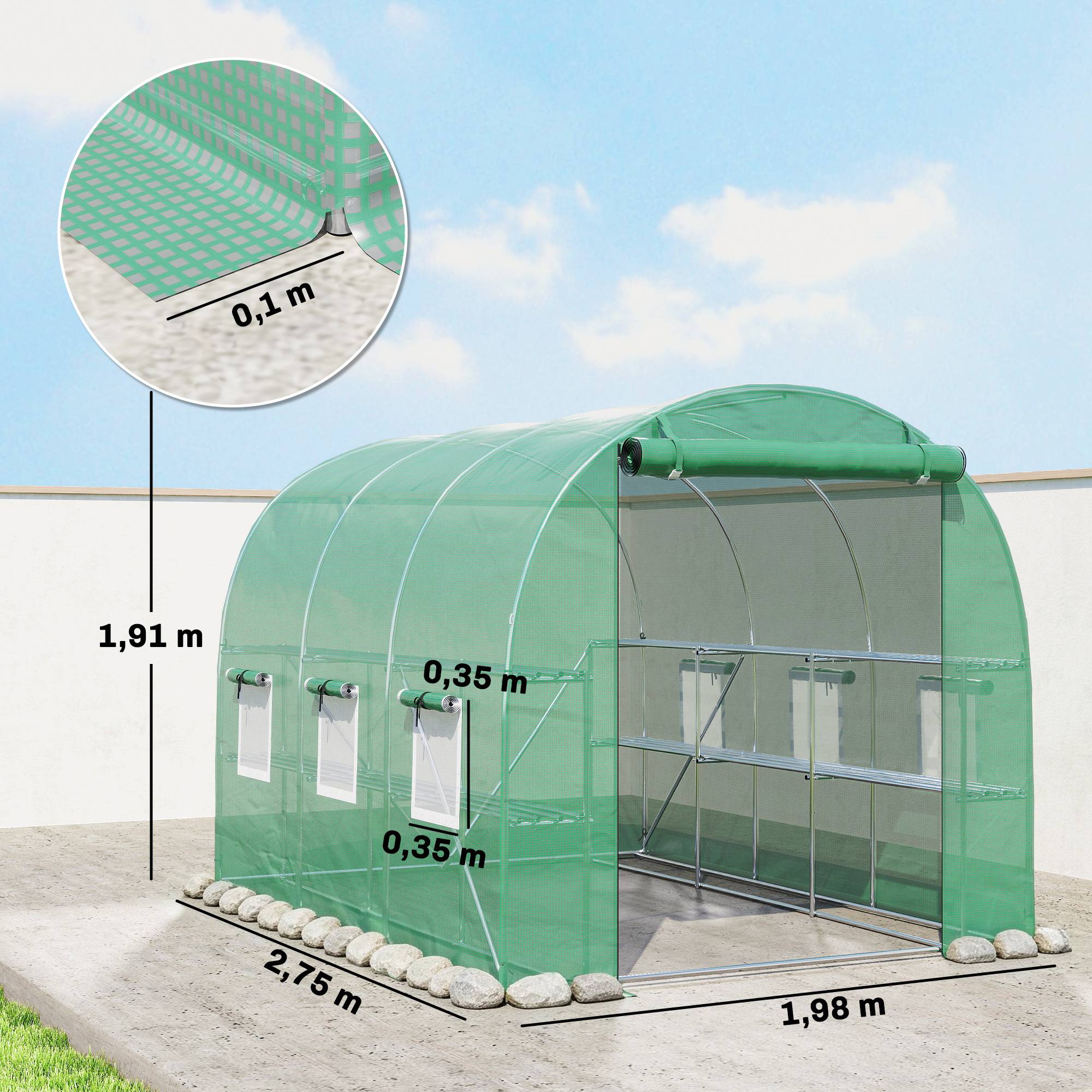 Serre aluminium 2,7x2x2 m avec étagères, fenêtres filet et porte zippée, serre jardin potager extérieure - Image 5