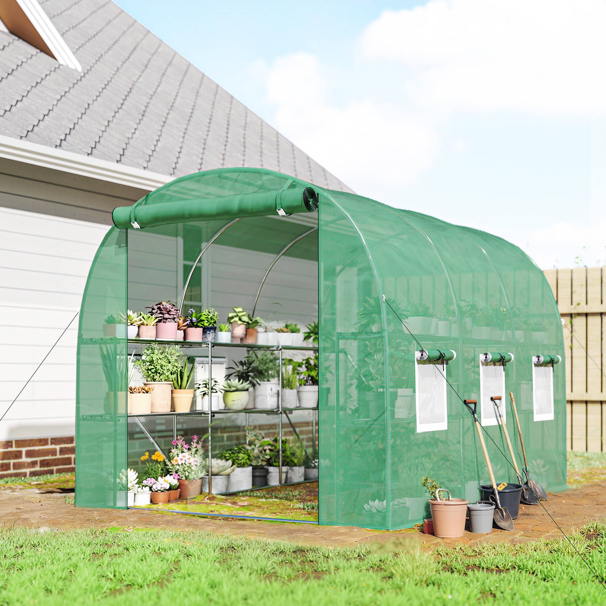 Serre aluminium 2,7x2x2 m avec étagères, fenêtres filet et porte zippée, serre jardin potager extérieure - Image 3