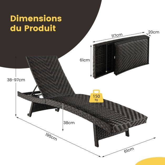 Helloshop26 - Chaise longue pliable en rotin pe dossier inclinable à 5 positions 2 roues arrière patins antidérapants bain de soleil marron - Image 2
