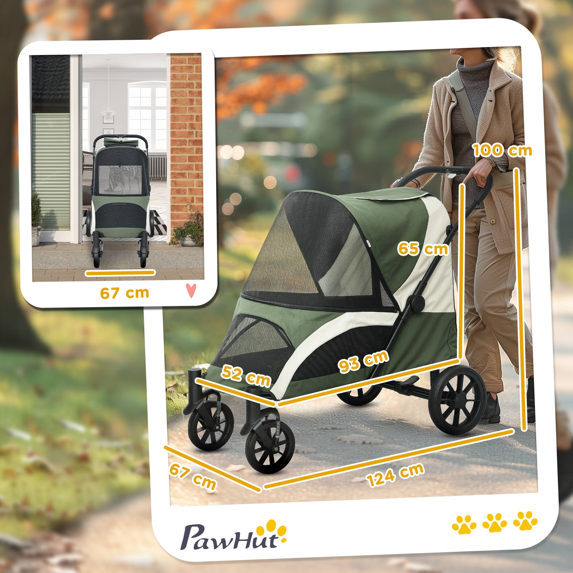 Poussette pour chien, poussette pliable pour chiens de taille moyenne, poussette pour animaux de compagnie à 4 roues, laisses de sécurité et freins - Image 5
