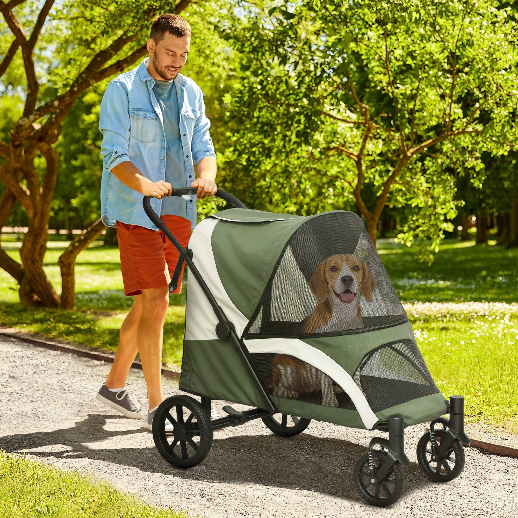 Poussette pour chien, poussette pliable pour chiens de taille moyenne, poussette pour animaux de compagnie à 4 roues, laisses de sécurité et freins - Image 3