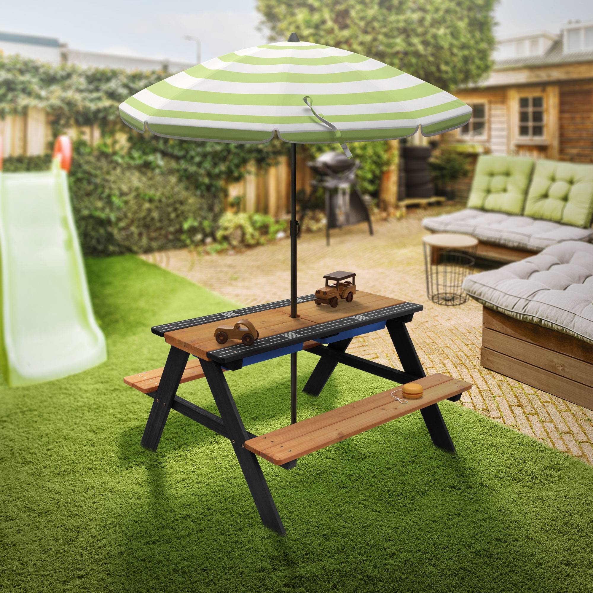 Ensemble de sièges pour enfants brun natural en bois massif comprenant 2 bacs plateau amovible table de pique-nique avec 4 places ideal pour jardín - Image 8