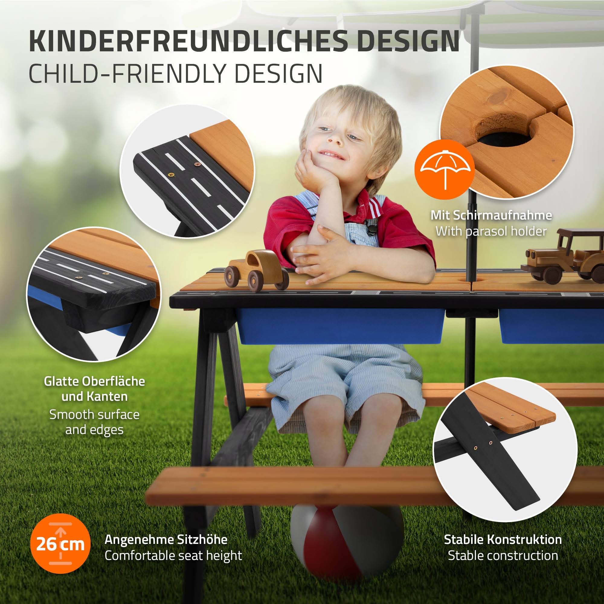 Ensemble de sièges pour enfants brun natural en bois massif comprenant 2 bacs plateau amovible table de pique-nique avec 4 places ideal pour jardín - Image 3