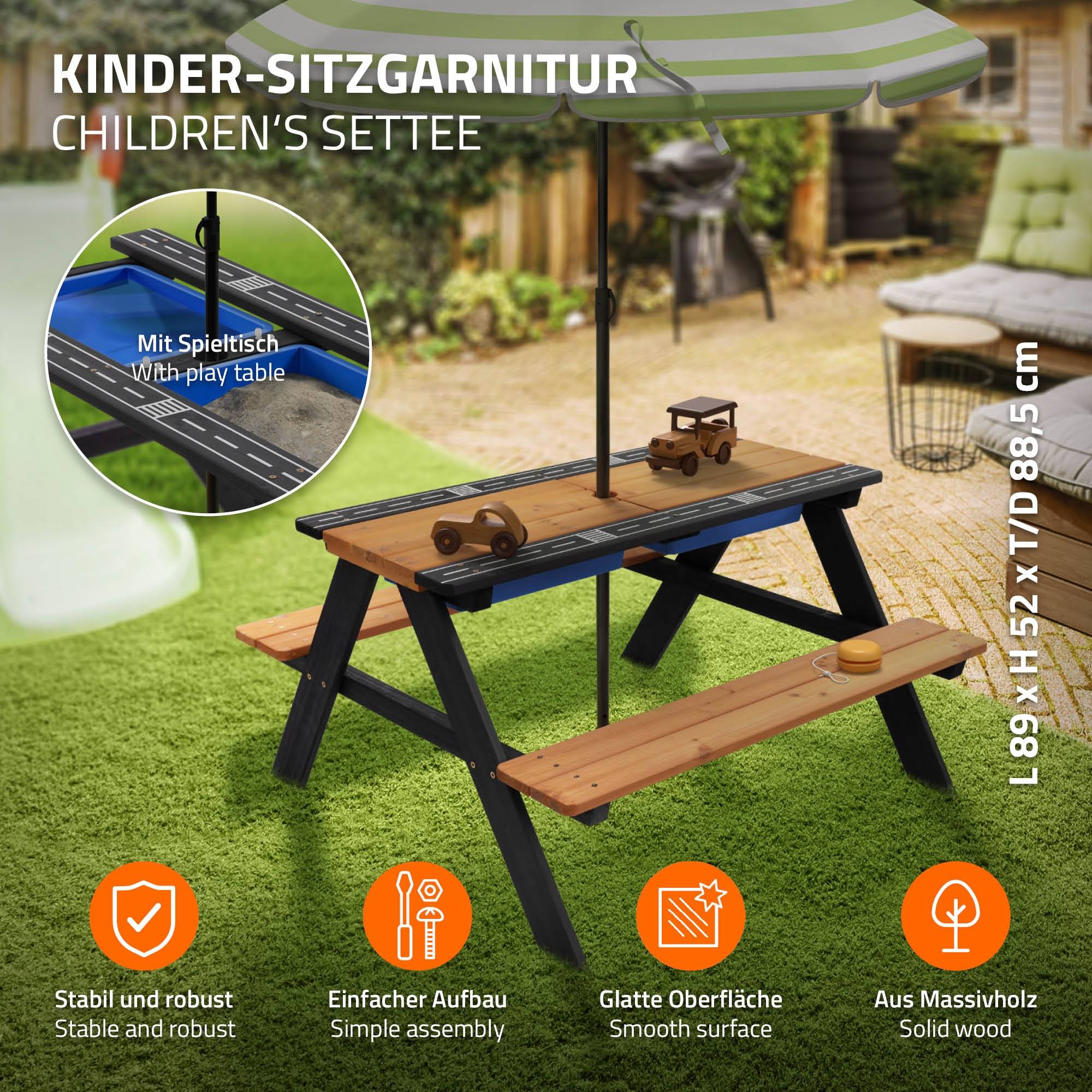 Ensemble de sièges pour enfants brun natural en bois massif comprenant 2 bacs plateau amovible table de pique-nique avec 4 places ideal pour jardín - Image 2