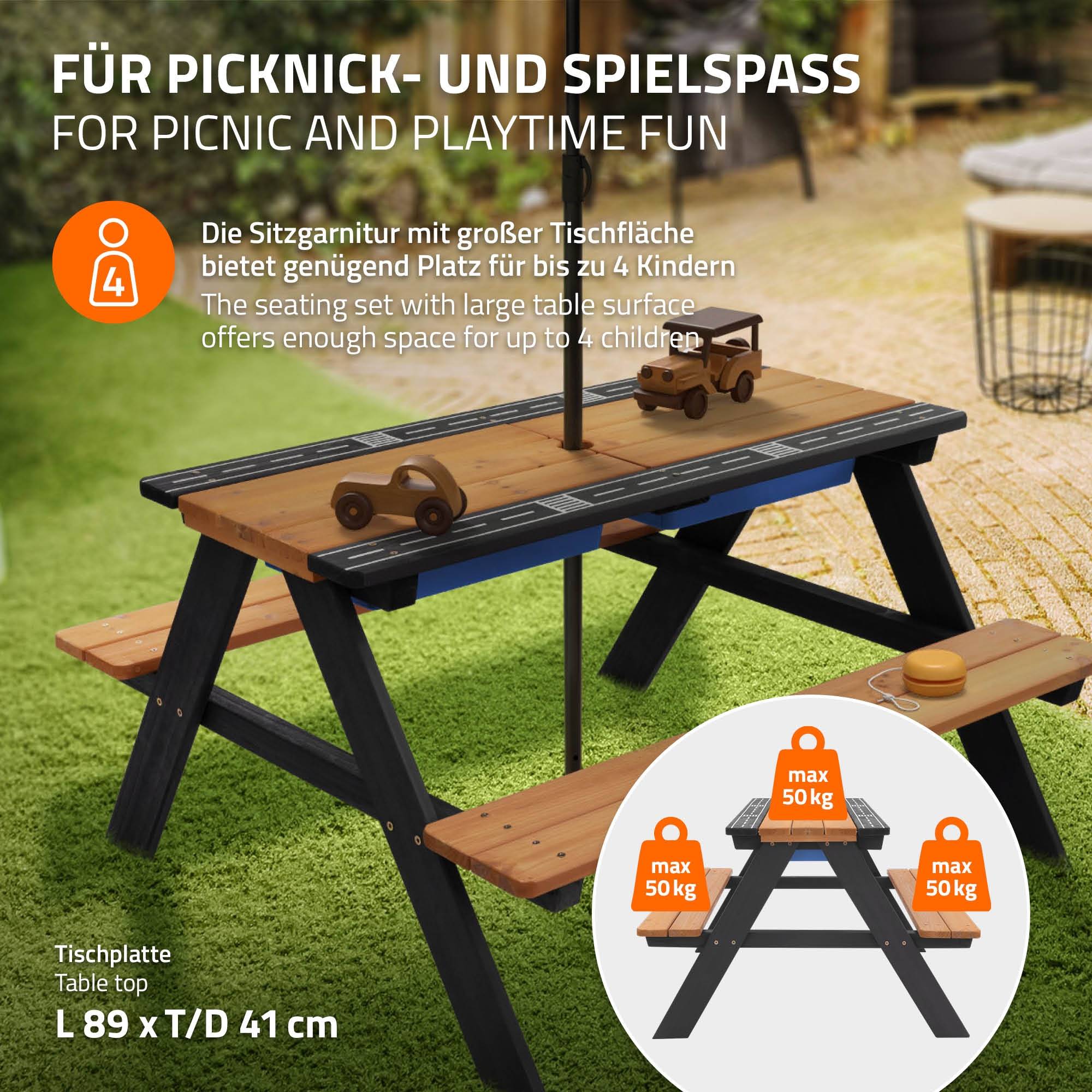 Ensemble de sièges pour enfants brun natural en bois massif comprenant 2 bacs plateau amovible table de pique-nique avec 4 places ideal pour jardín - Image 4