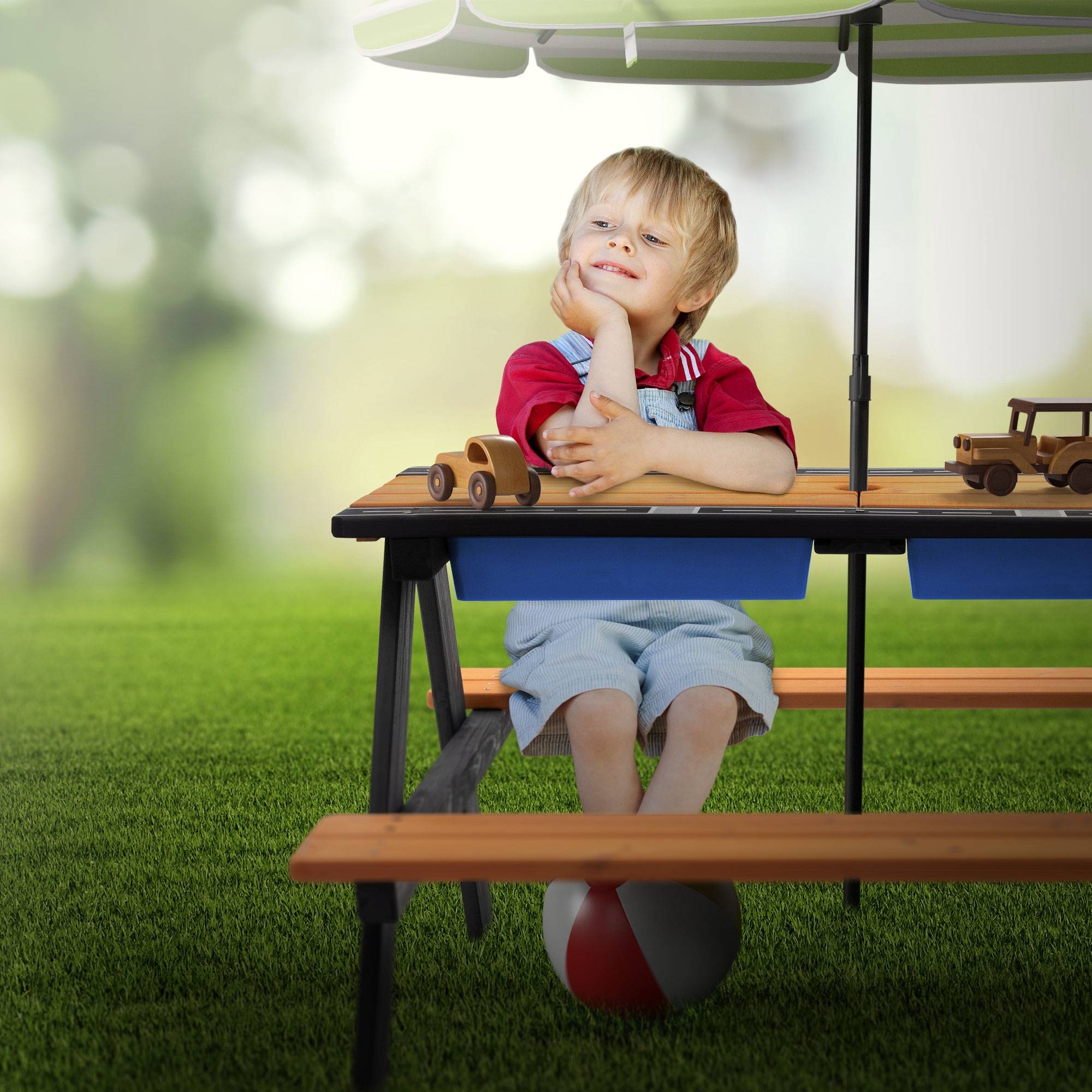 Ensemble de sièges pour enfants brun natural en bois massif comprenant 2 bacs plateau amovible table de pique-nique avec 4 places ideal pour jardín - Image 9