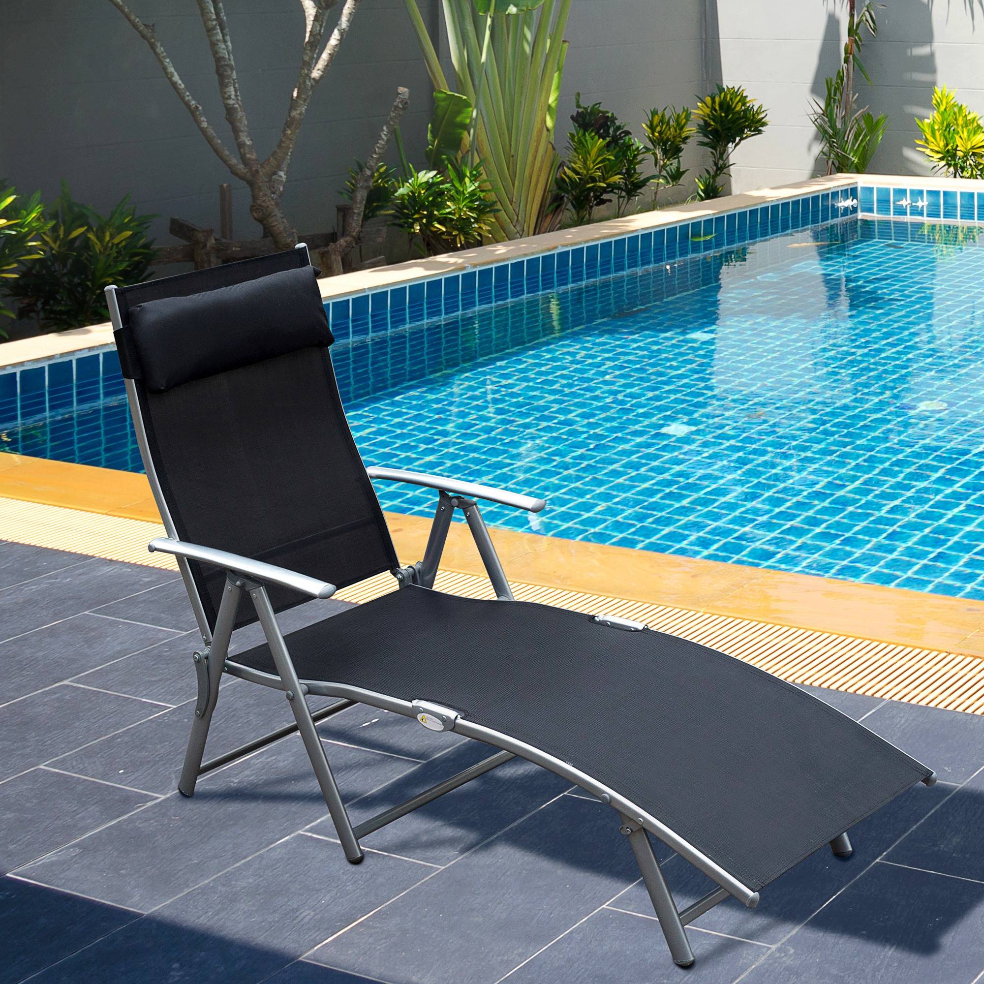 Transat pliant avec coussin, en métal, pour la plage et la terrasse, noir - Image 2