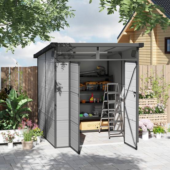 Abri de jardin résine rangement extérieur toit monopente 191x190x215cm gris clair - ComfortXL Outdoor Living - Image 1