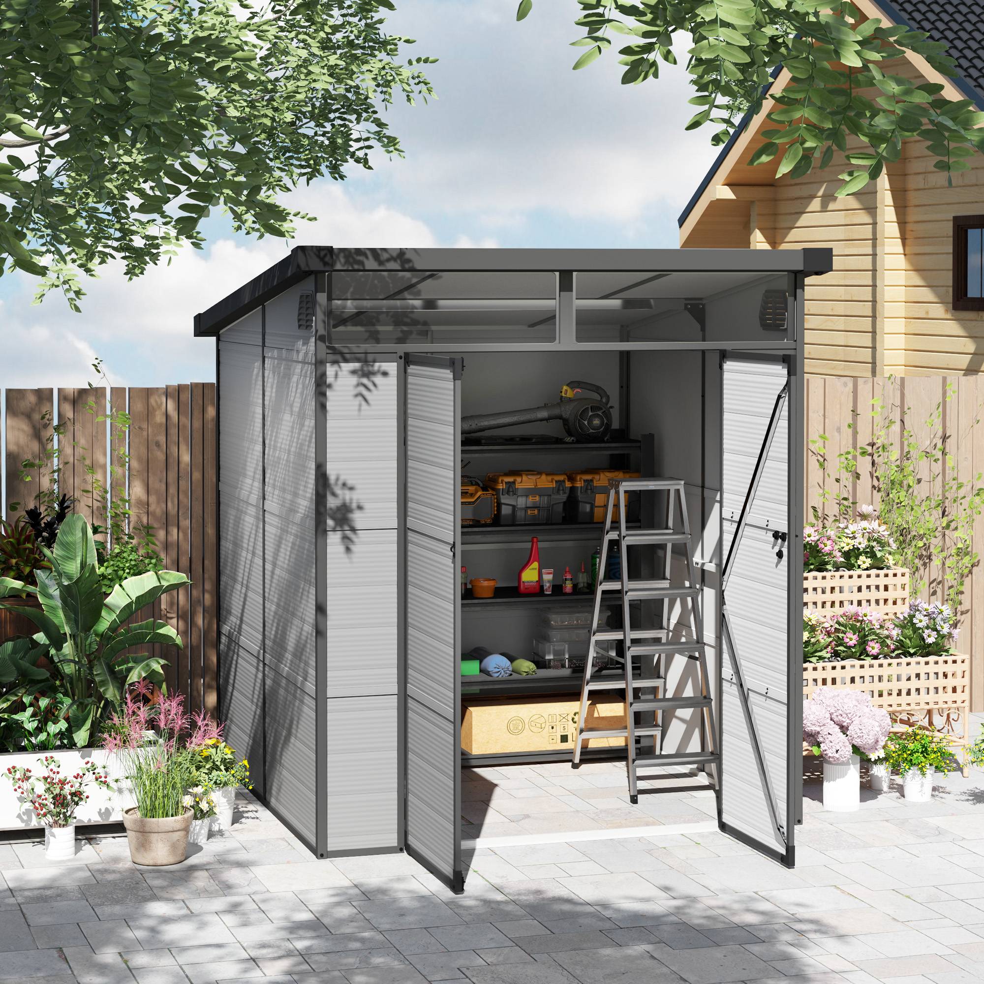 Abri de jardin résine rangement extérieur toit monopente 191x190x215cm gris clair - ComfortXL Outdoor Living - Image 1