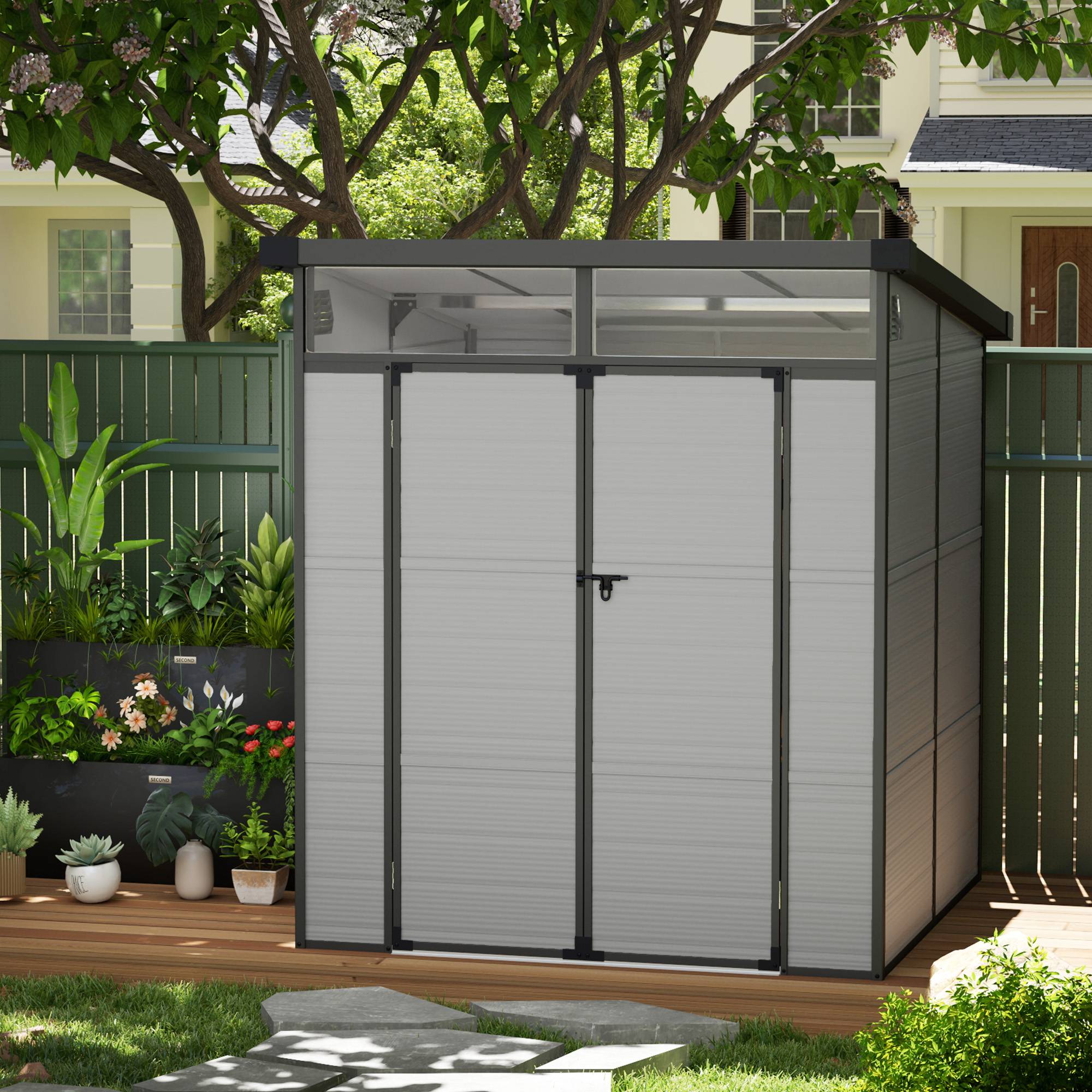 Abri de jardin résine rangement extérieur toit monopente 191x190x215cm gris clair - ComfortXL Outdoor Living - Image 8