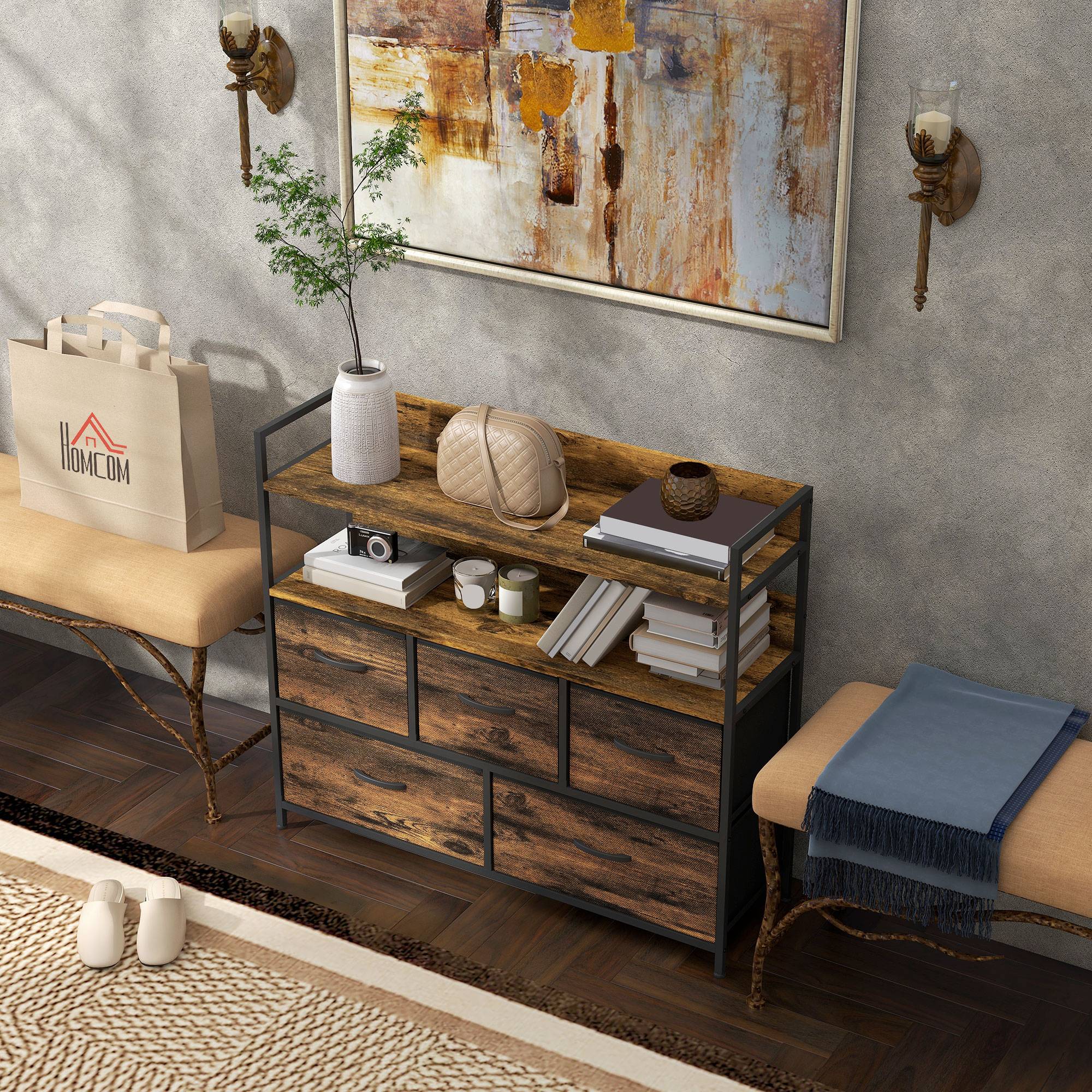 Commode 5 tiroirs tissu pliables avec étagères, meuble rangement chambre bureau salon 98x29x85 cm marron rustique - Image 4