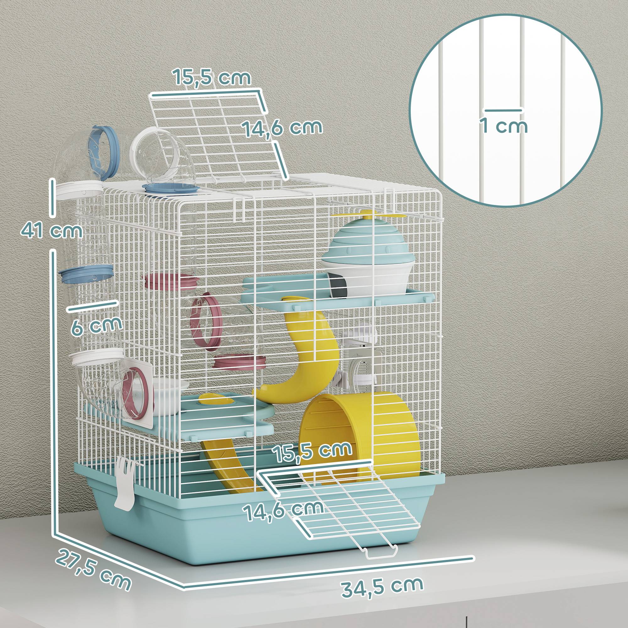 Sans Marque - Cage hamster rongeur 3 niveaux roue exercice tunnel jeu gamelle cabane 34,5x27,5x41 cm bleu - Image 5