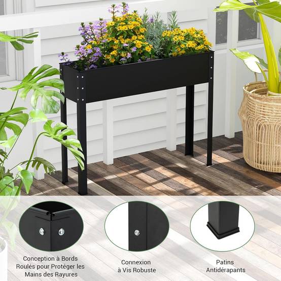 Jardinière Surélevé en Métal avec Trou de Drainage, Lit de Jardin avec Pieds, Grand Bac de Culture pour Plantes Fleurs, 102 x 26,5 x 80 cm - Image 3
