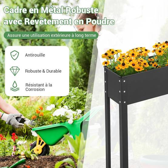 Jardinière Surélevé en Métal avec Trou de Drainage, Lit de Jardin avec Pieds, Grand Bac de Culture pour Plantes Fleurs, 102 x 26,5 x 80 cm - Image 6