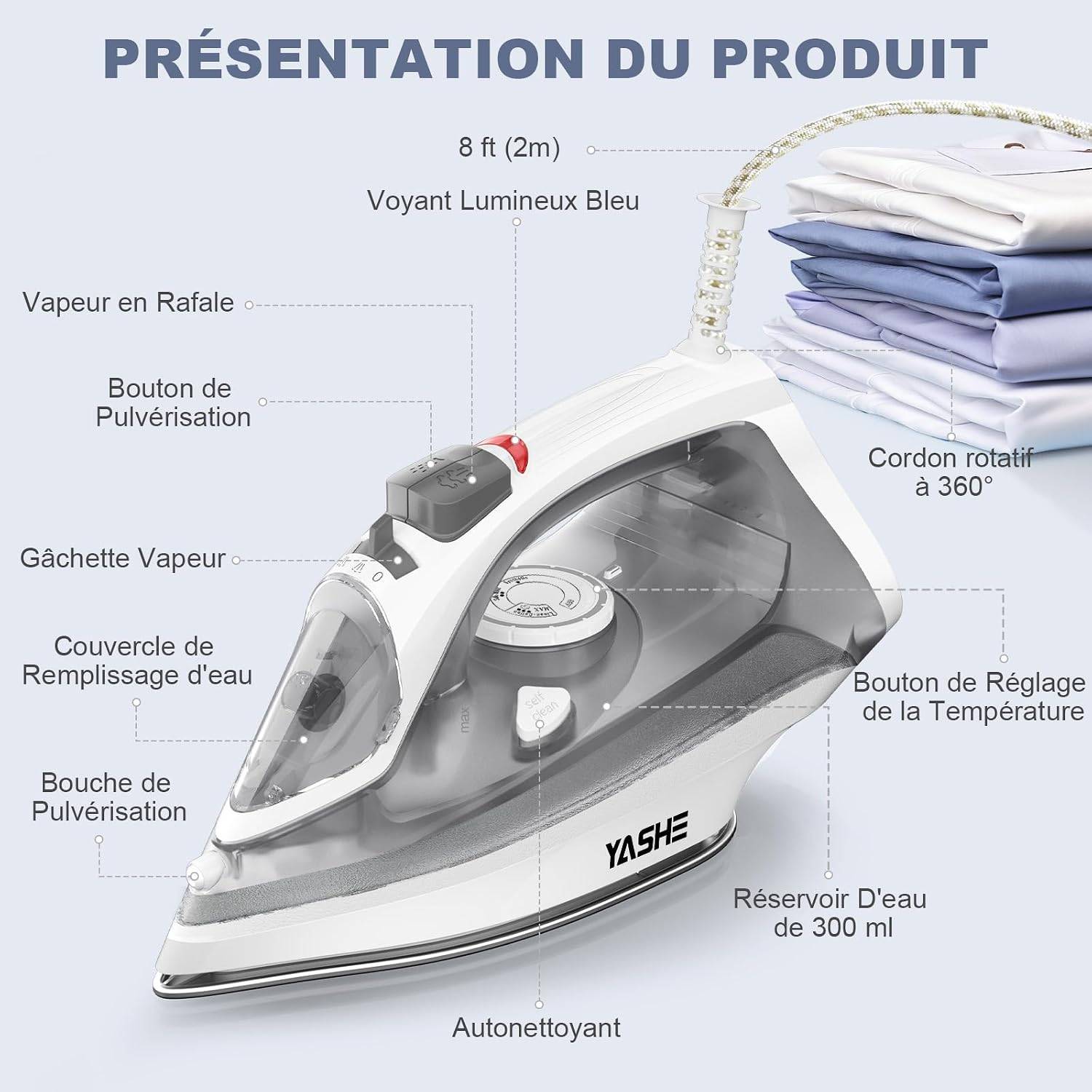 Fer à repasser vapeur 2300 W, 300 ml, 25 g/min, pressing 150 g/min – YASHE - Image 7