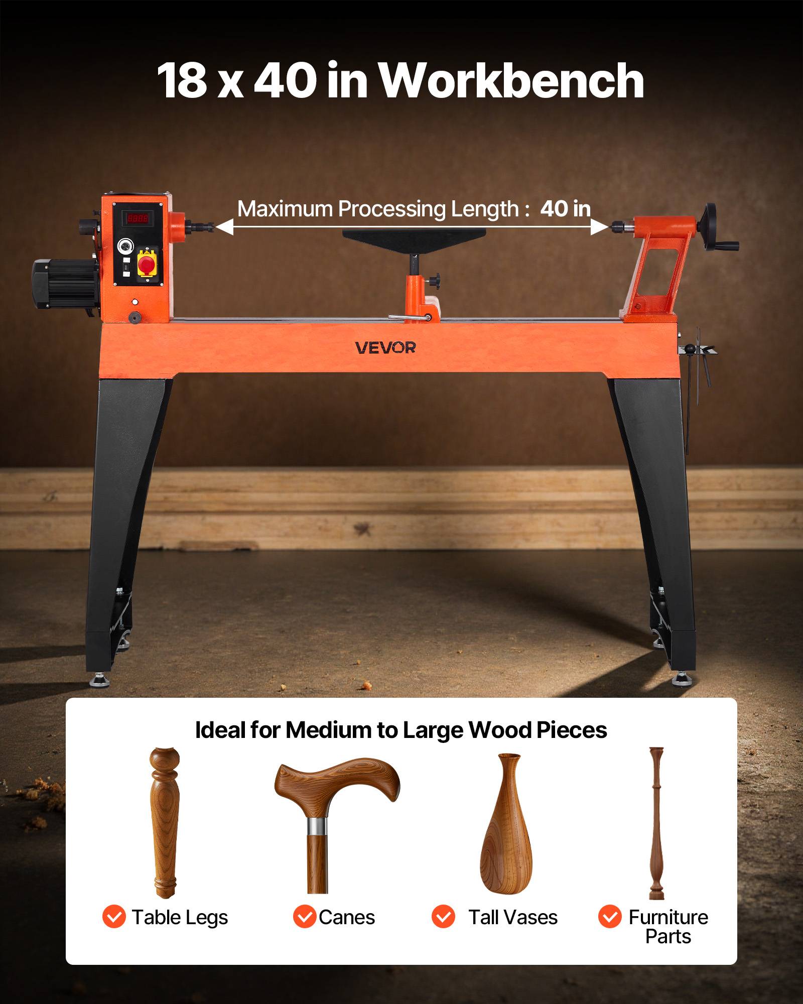 Vevor - VEVOR Tour à bois 45,7x102 cm 1500 W, variateur 150-3200 tr/min, moteur sans balais, pieds réglables, banc en fonte HT150. - Image 3