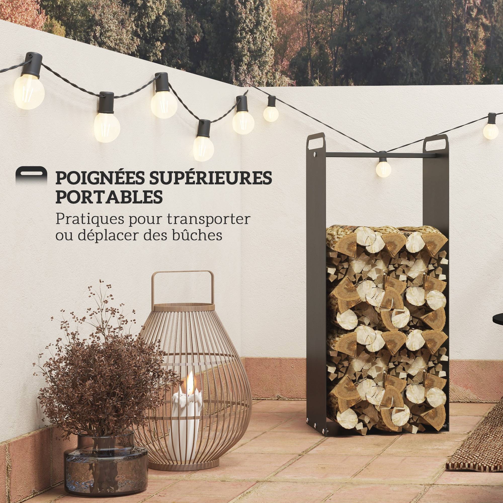Porte-bûches intérieur range-bûches intérieur avec poignées résistant à la rouille à l'usure 37 x 30 x 90 cm acier noir - Image 6