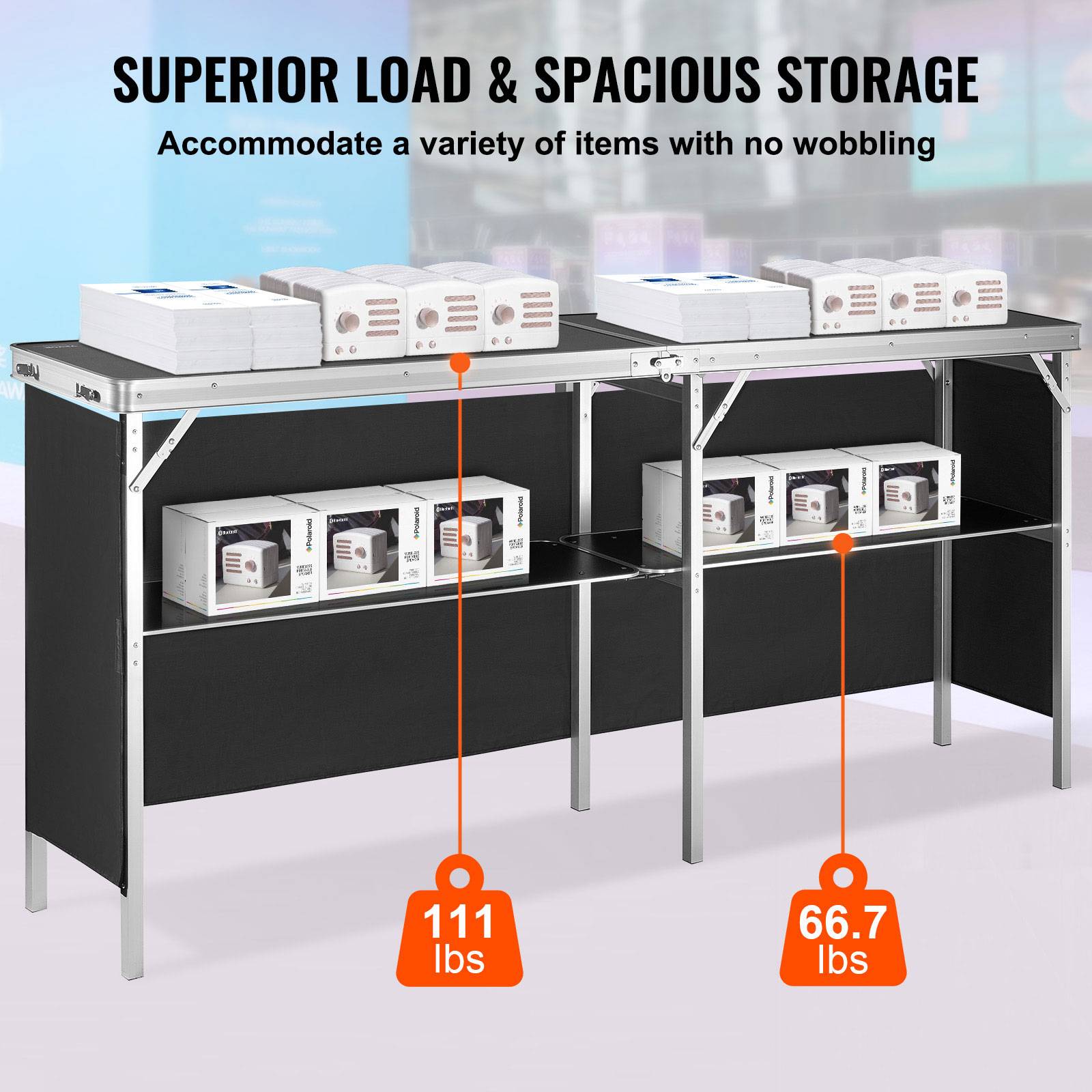VEVOR Comptoir de stand pliant 195x38.5x88cm, portable avec étagère et sac, pour foire, fête. - Image 3