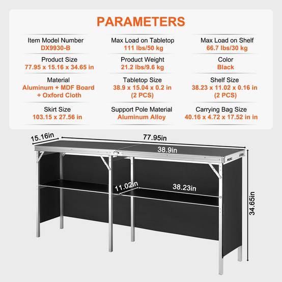 VEVOR Comptoir de stand pliant 195x38.5x88cm, portable avec étagère et sac, pour foire, fête. - Image 7