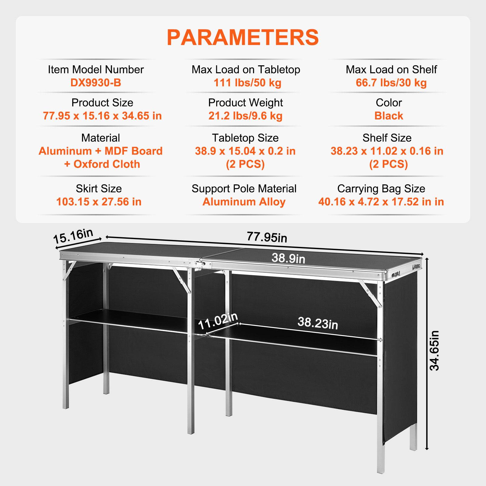VEVOR Comptoir de stand pliant 195x38.5x88cm, portable avec étagère et sac, pour foire, fête. - Image 7
