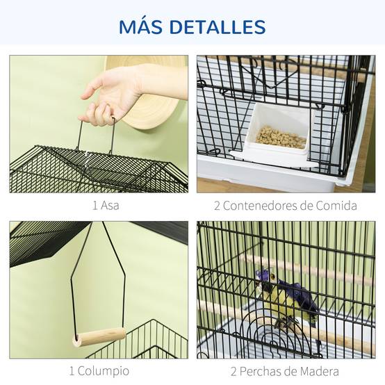Cage à oiseaux en acier avec plateau extractible et 2 mangeoires, pour pinsons et perruches, 50,5x41x63 cm, blanc - Image 6