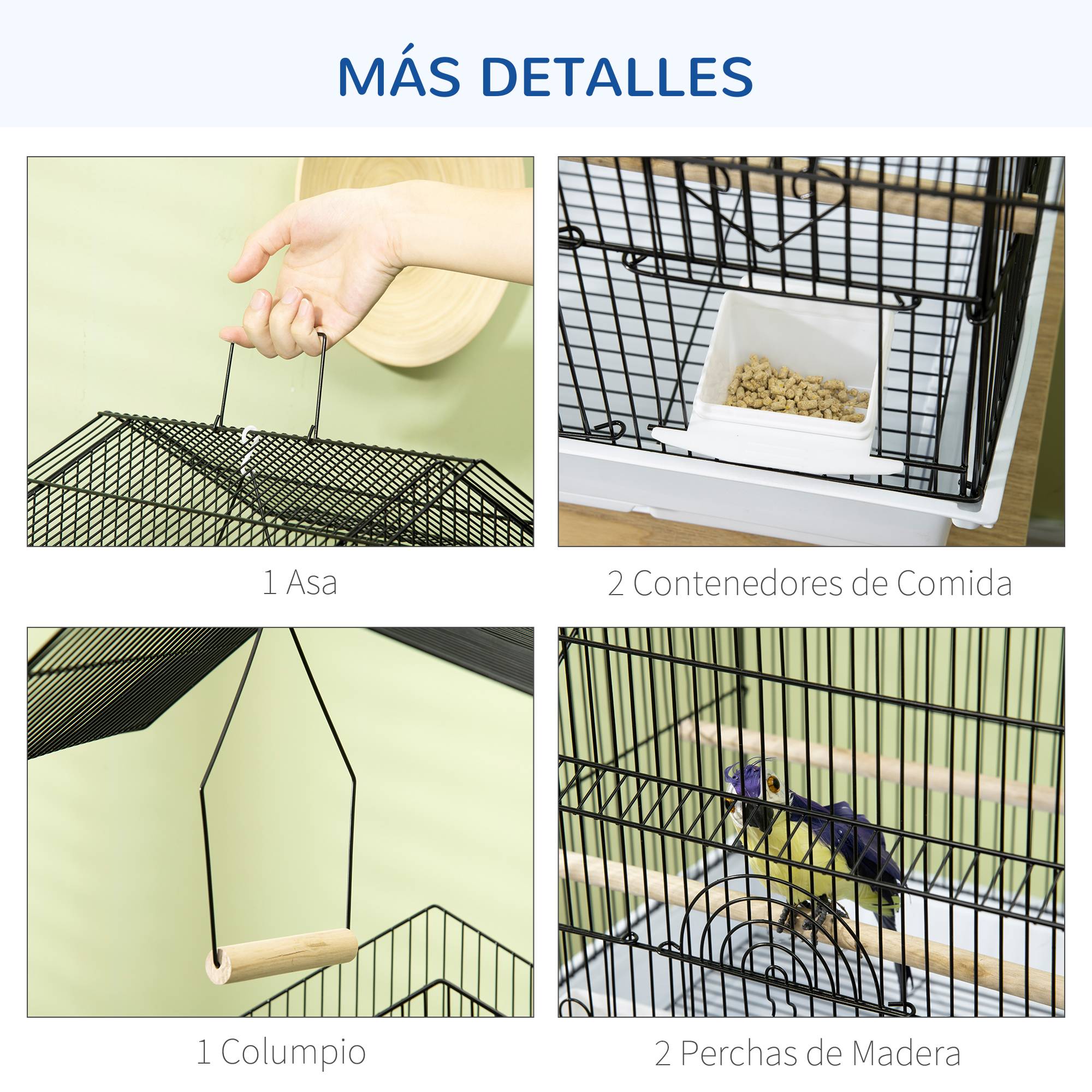 Cage à oiseaux en acier avec plateau extractible et 2 mangeoires, pour pinsons et perruches, 50,5x41x63 cm, blanc - Image 6