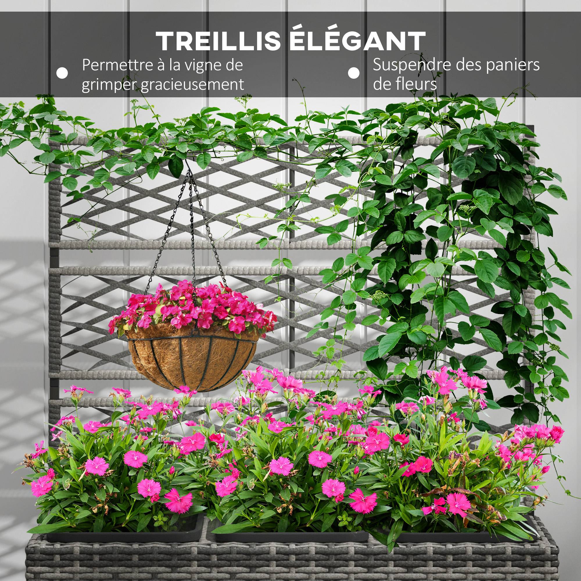 Jardinière avec treillis résine tressée et acier naturel 84 x 30 x 107 cm - PANGIVO - Image 8