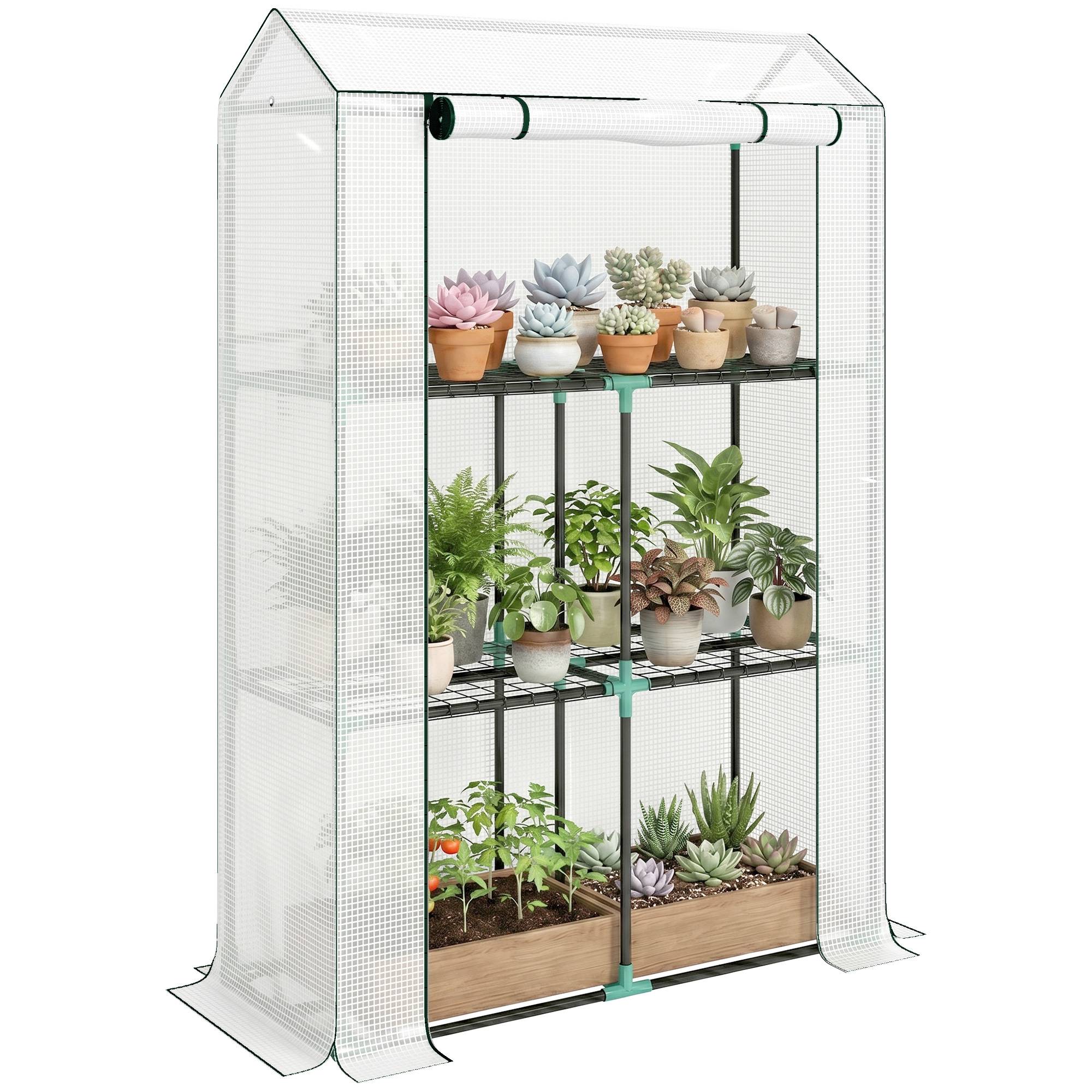 Serre avec étagère 3 niveaux, bâche plastique UV, porte enroulable, 100 x 40 x 150 cm, Blanc - Image 1