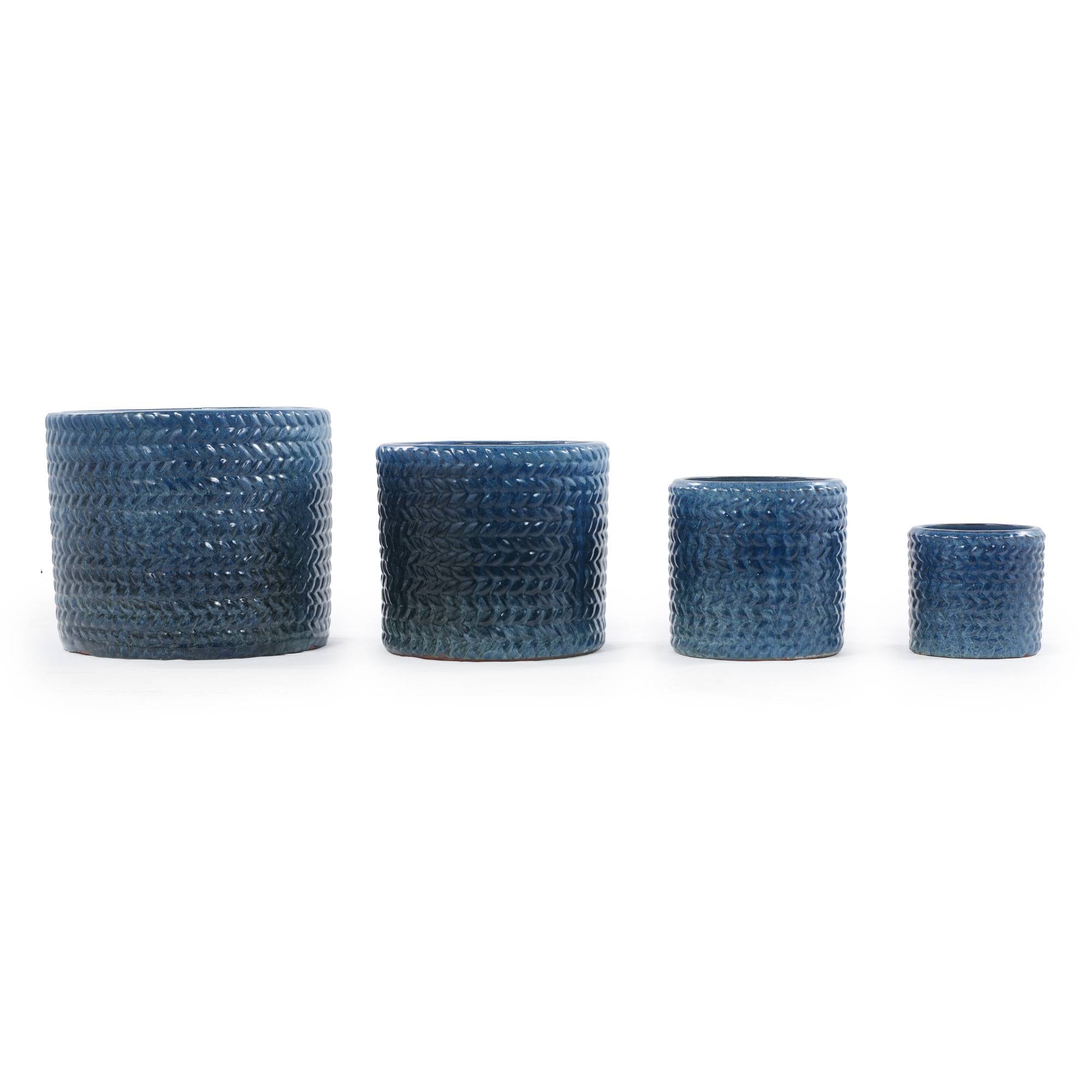 ComfortXL - Pot de fleurs céramique bleu foncé Ø30 cm relief chevrons intérieur extérieur drainage - ComfortXL Outdoor Living - Image 8