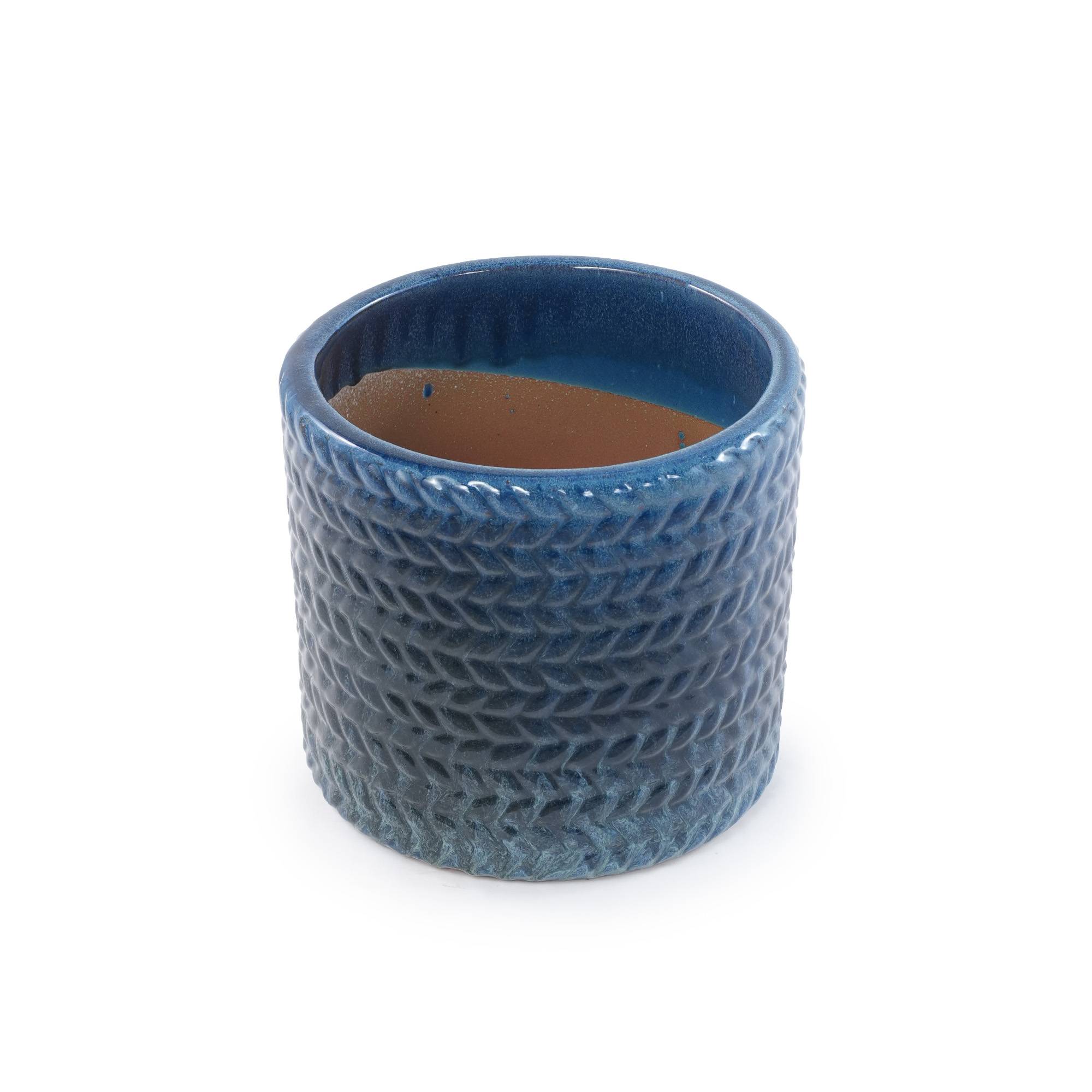 ComfortXL - Pot de fleurs céramique bleu foncé Ø30 cm relief chevrons intérieur extérieur drainage - ComfortXL Outdoor Living - Image 2