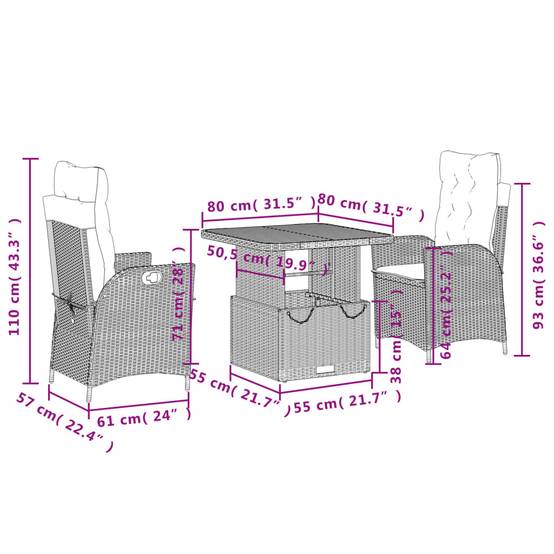 Ensemble repas 3 pcs résine tressée fauteuils relax table relevable beige – ComfortXL Outdoor Living - Image 8
