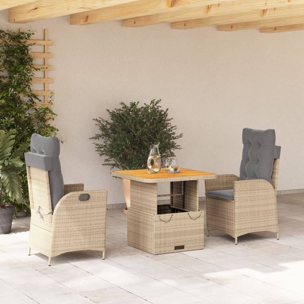 Ensemble repas 3 pcs résine tressée fauteuils relax table relevable beige – ComfortXL Outdoor Living - Image 1