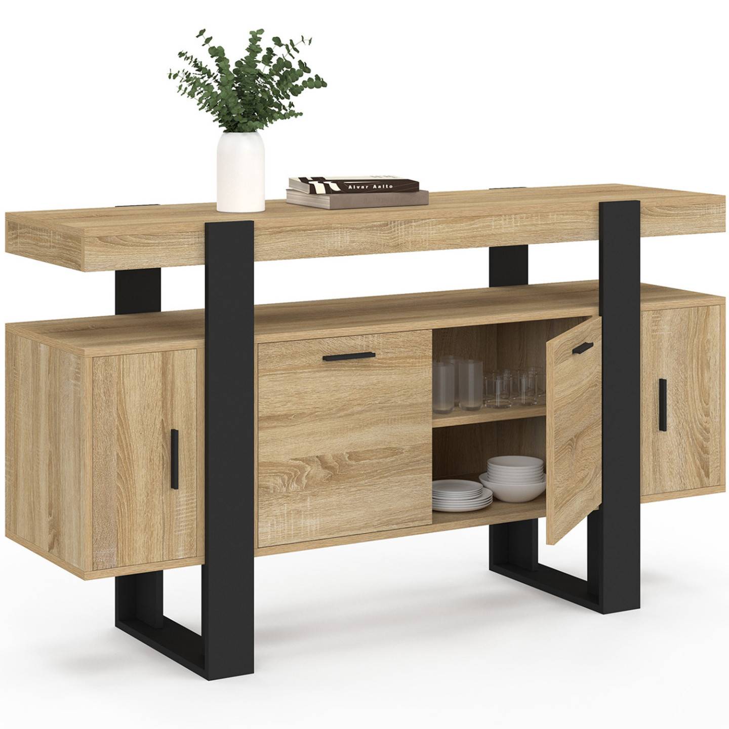 Buffet 140 cm PHOENIX 4 portes bois et noir - Image 4