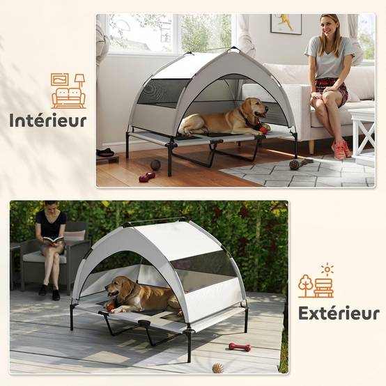 ComfortXL - Lit surélevé pour chien en acier et tissu Oxford gris clair 122 x 92 x 94 cm avec auvent amovible pour jardin - Image 7