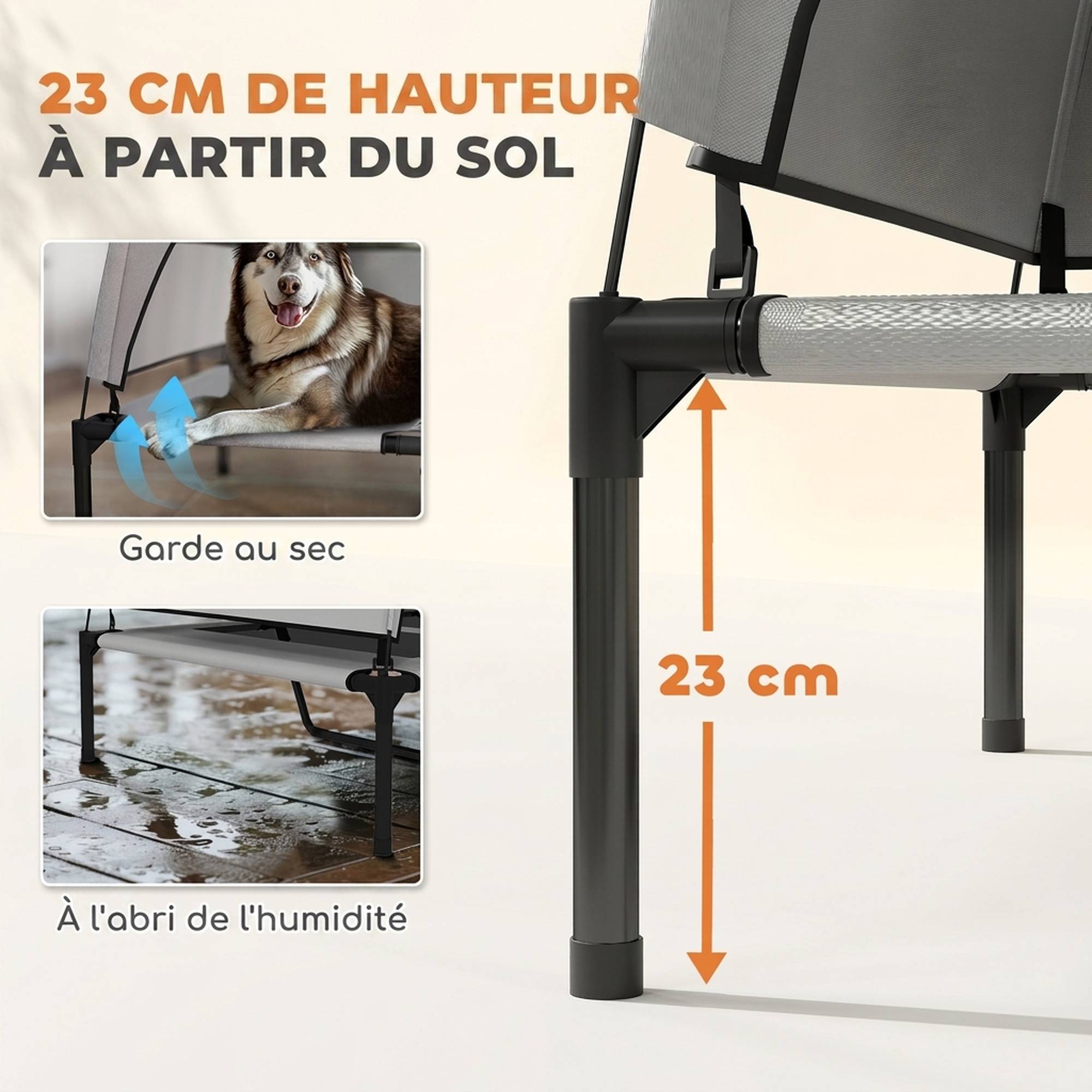 ComfortXL - Lit surélevé pour chien en acier et tissu Oxford gris clair 122 x 92 x 94 cm avec auvent amovible pour jardin - Image 5