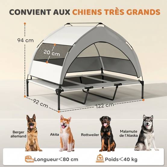 ComfortXL - Lit surélevé pour chien en acier et tissu Oxford gris clair 122 x 92 x 94 cm avec auvent amovible pour jardin - Image 3