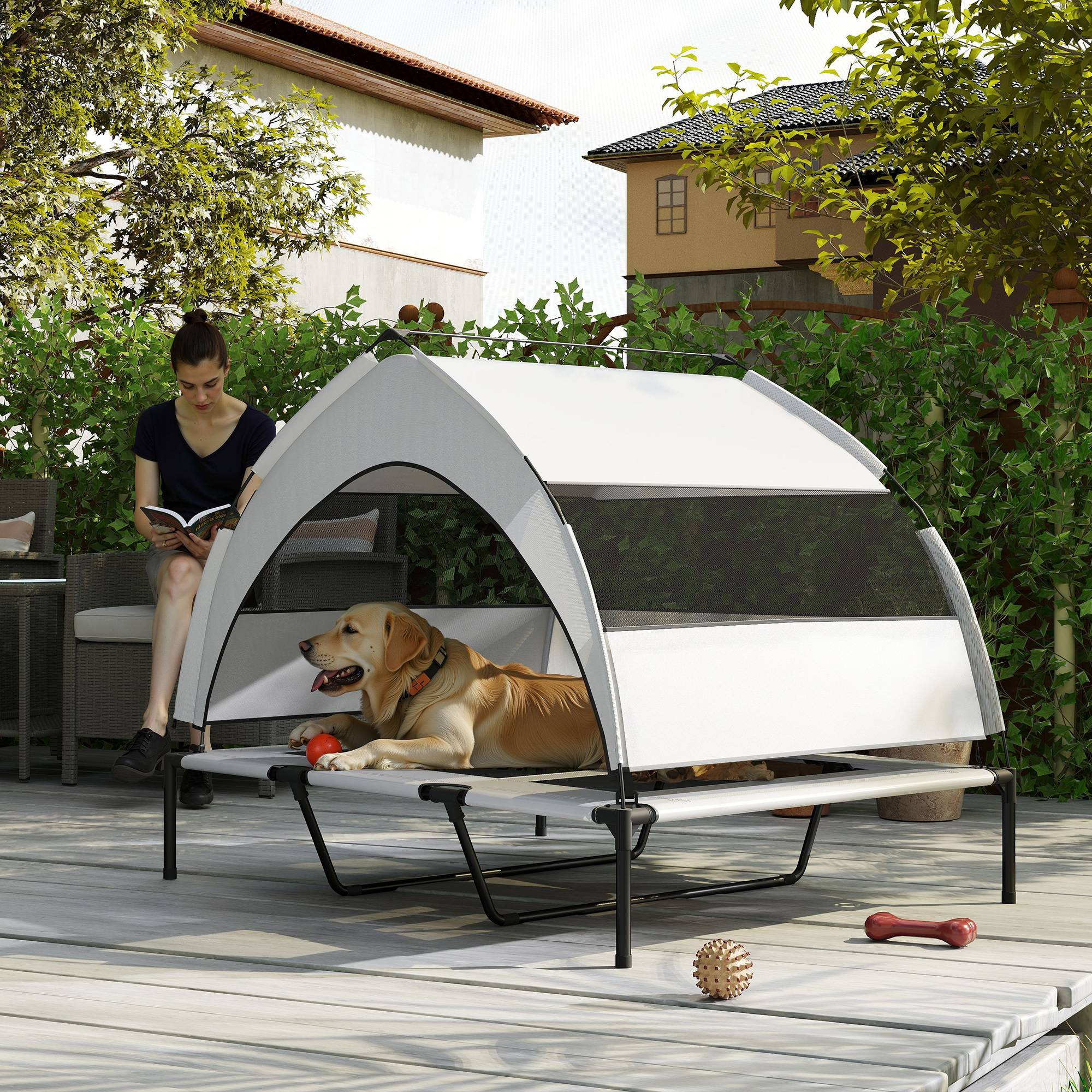 ComfortXL - Lit surélevé pour chien en acier et tissu Oxford gris clair 122 x 92 x 94 cm avec auvent amovible pour jardin - Image 9