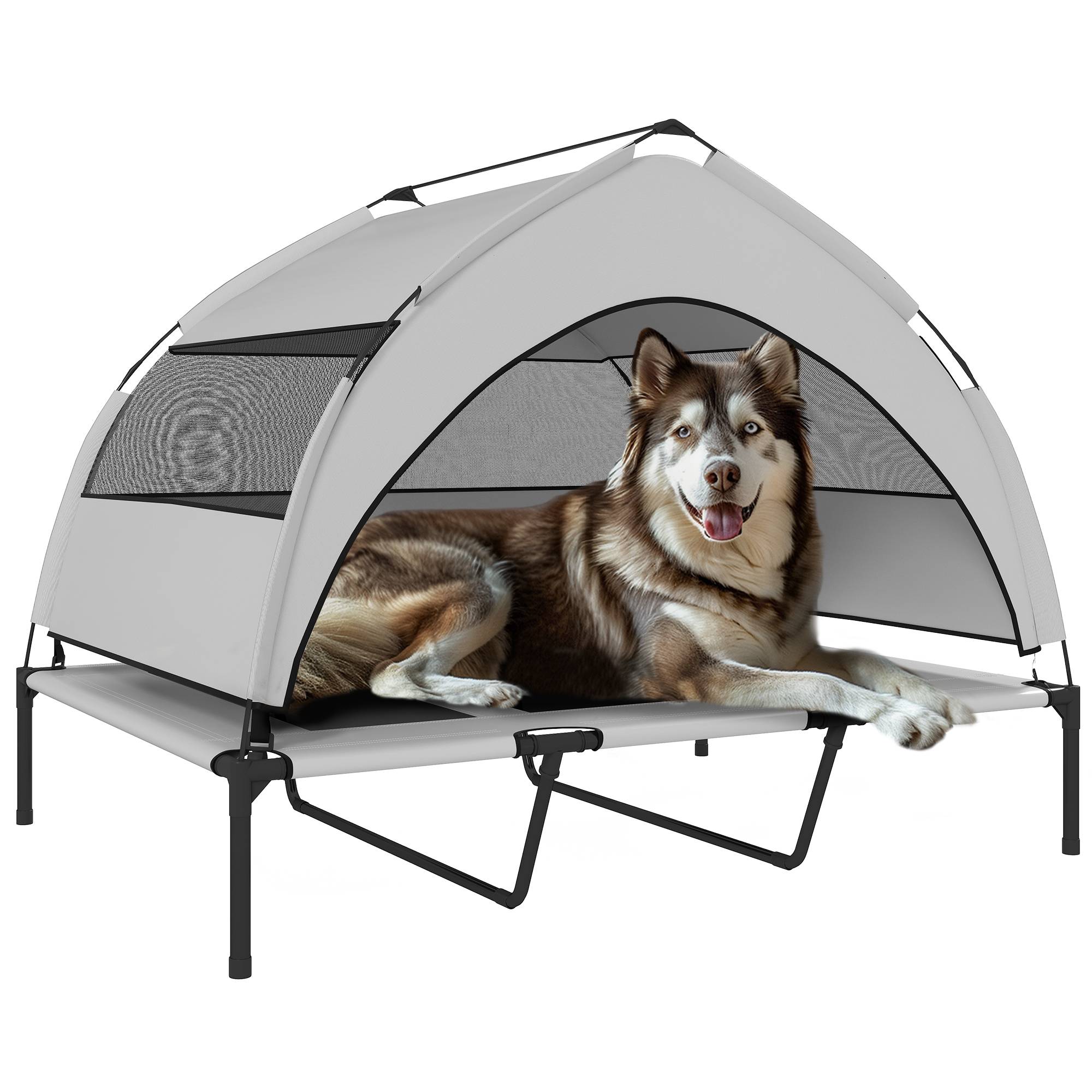 ComfortXL - Lit surélevé pour chien en acier et tissu Oxford gris clair 122 x 92 x 94 cm avec auvent amovible pour jardin - Image 2