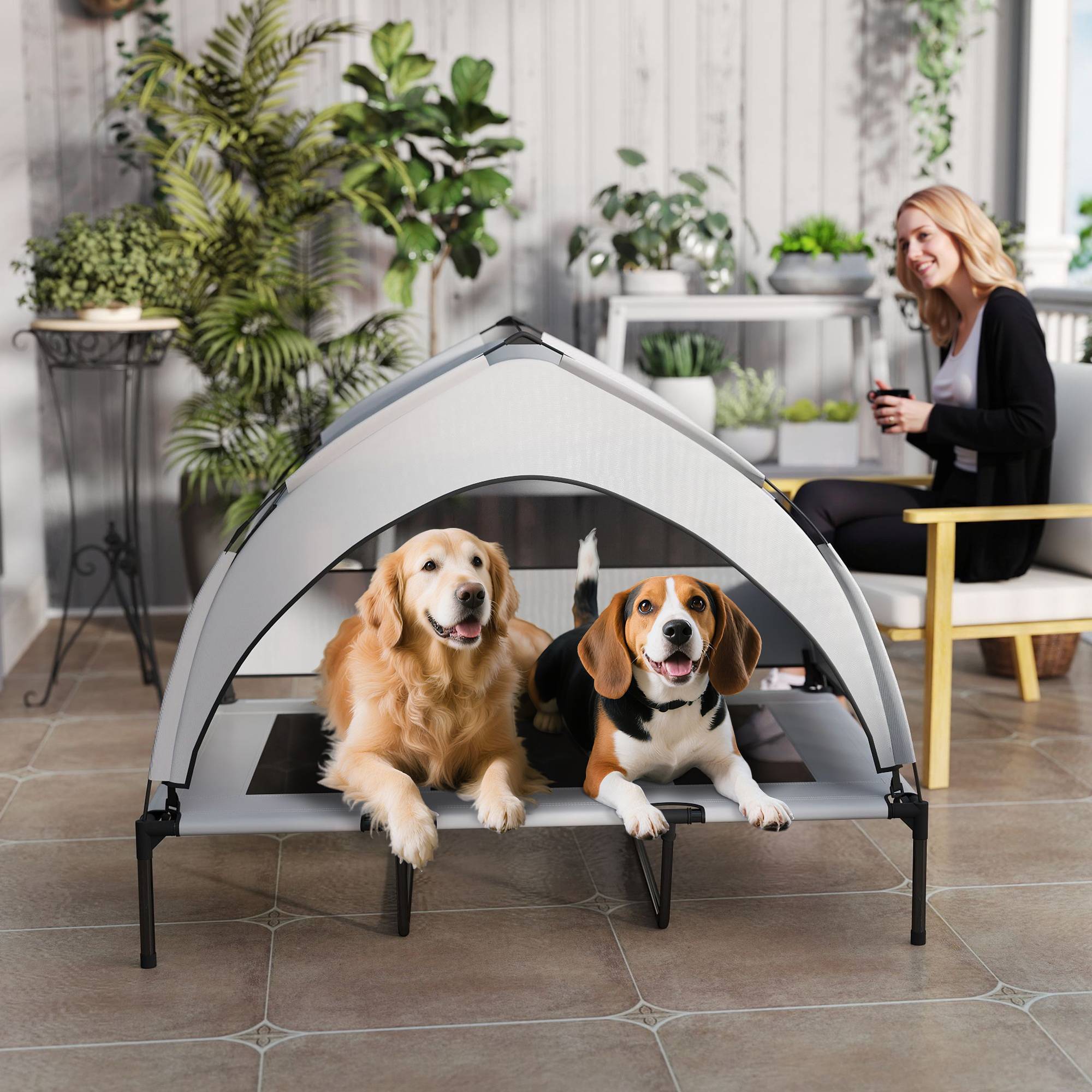 ComfortXL - Lit surélevé pour chien en acier et tissu Oxford gris clair 122 x 92 x 94 cm avec auvent amovible pour jardin - Image 8