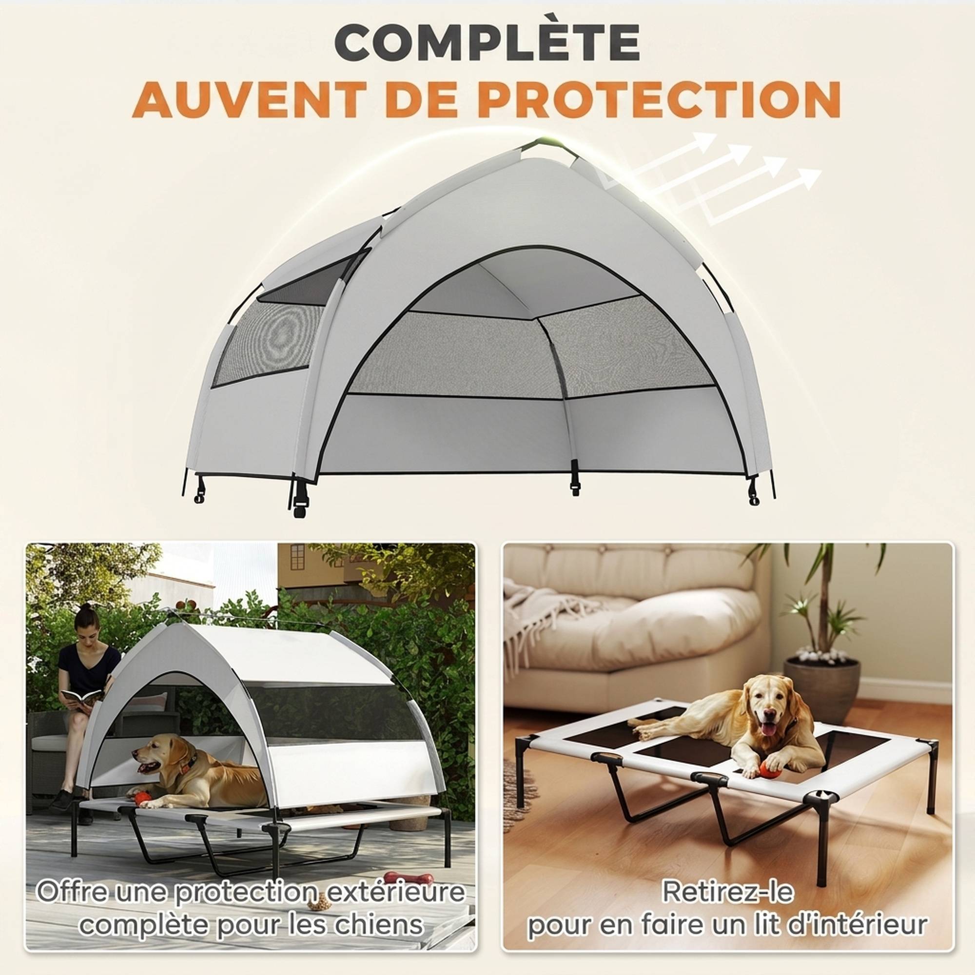 ComfortXL - Lit surélevé pour chien en acier et tissu Oxford gris clair 122 x 92 x 94 cm avec auvent amovible pour jardin - Image 4