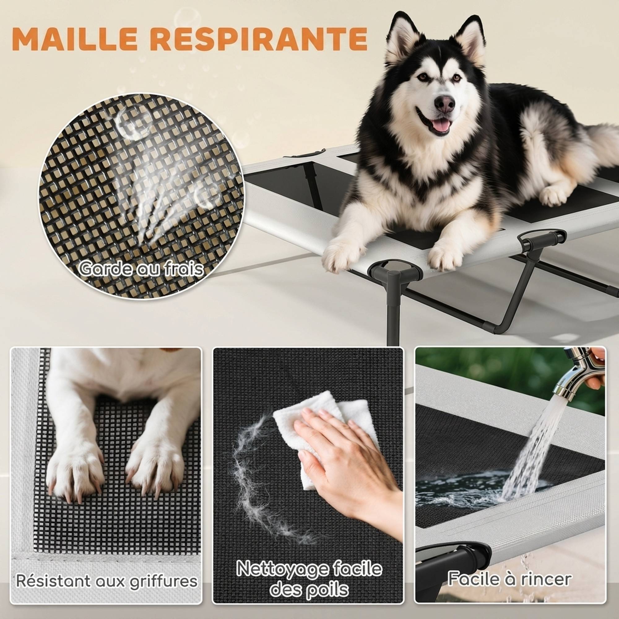 ComfortXL - Lit surélevé pour chien en acier et tissu Oxford gris clair 122 x 92 x 94 cm avec auvent amovible pour jardin - Image 6