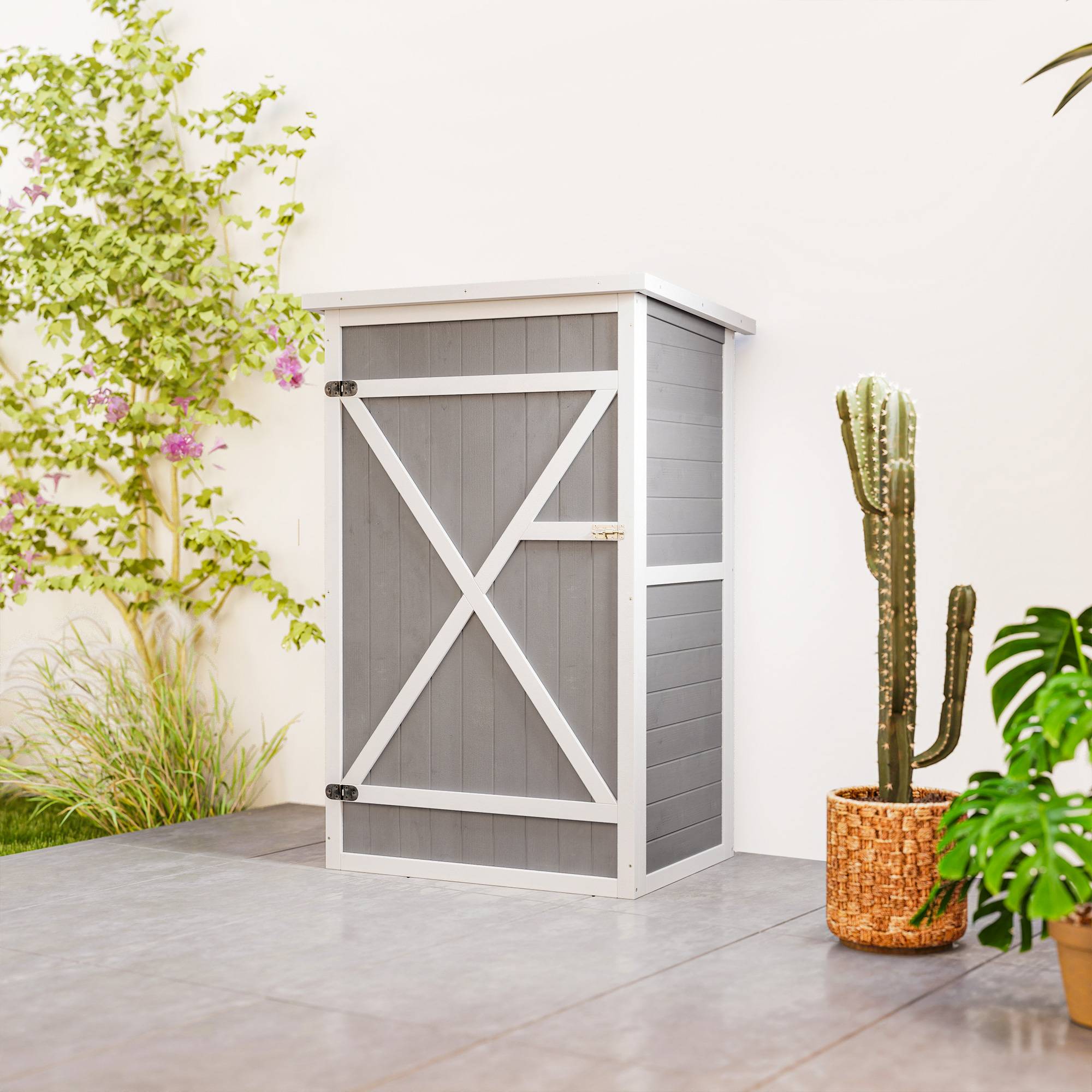 ComfortXL - Armoire de jardin en sapin 75 x 56 x 115 cm grise rangement outils extérieur compact toit asphalté étanche - Image 9