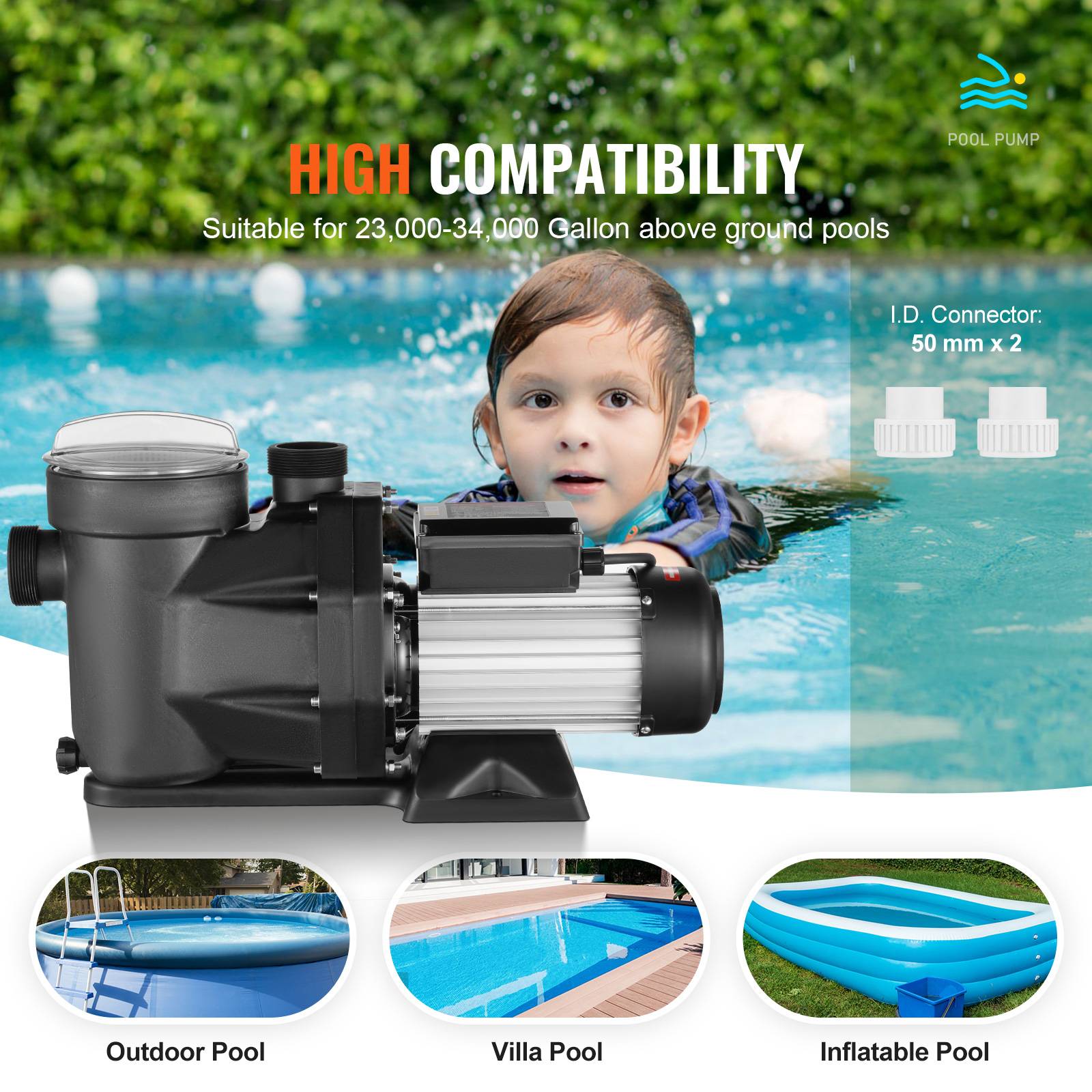 Vevor - VEVOR Pompe piscine hors sol 1800W 2 CV double vitesse 1450/2860 tr/min, 33000 L/H max. - Image 4