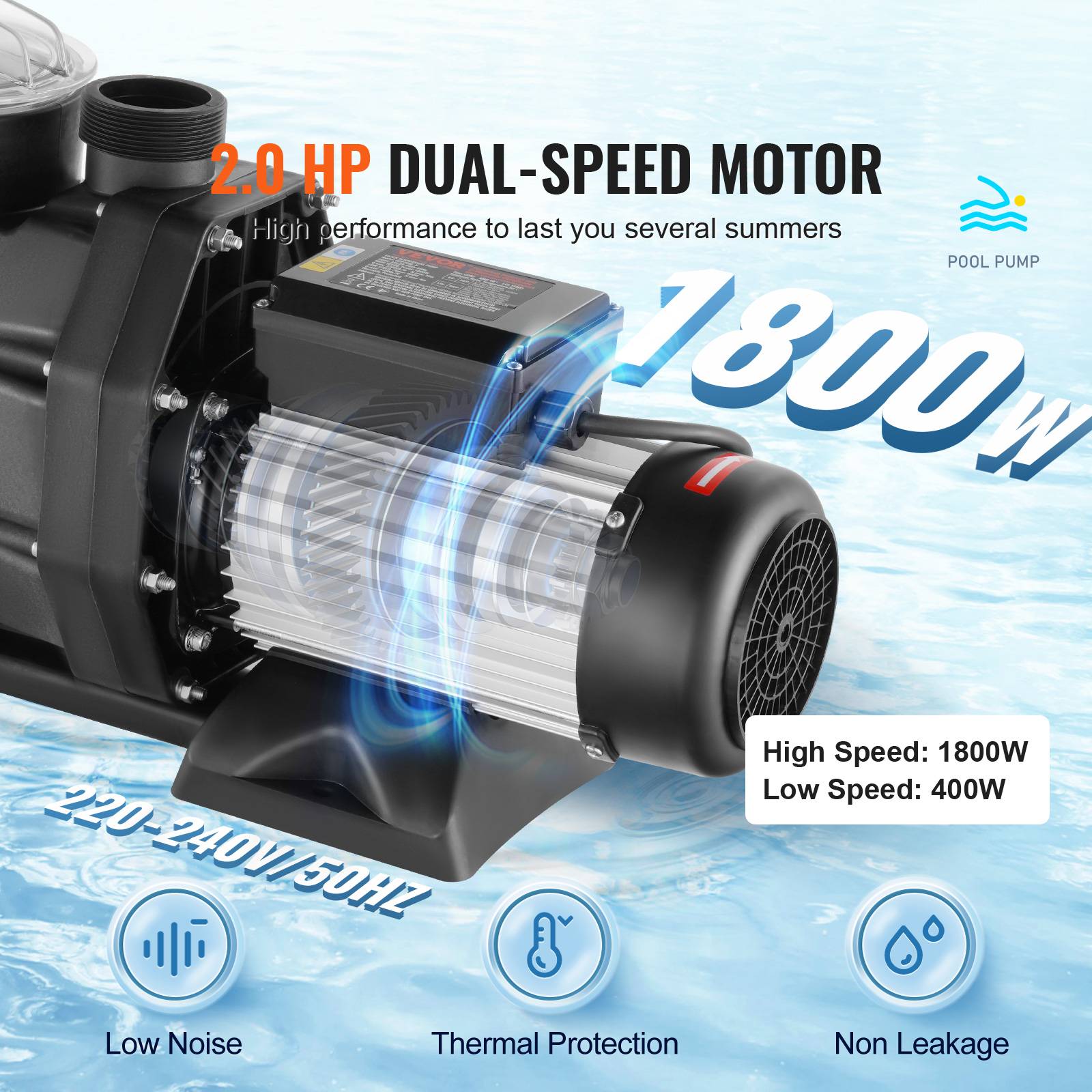 Vevor - VEVOR Pompe piscine hors sol 1800W 2 CV double vitesse 1450/2860 tr/min, 33000 L/H max. - Image 3