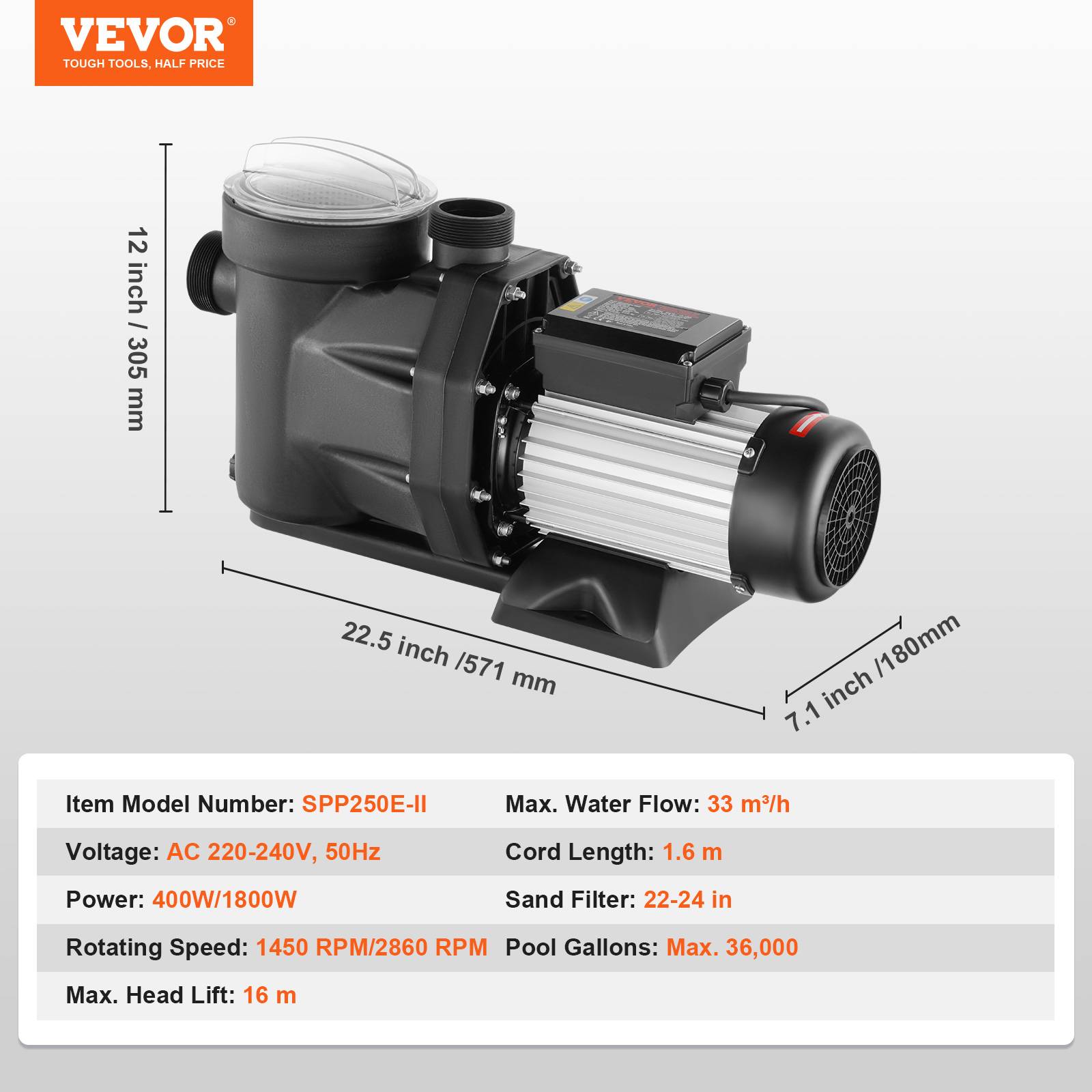 Vevor - VEVOR Pompe piscine hors sol 1800W 2 CV double vitesse 1450/2860 tr/min, 33000 L/H max. - Image 7