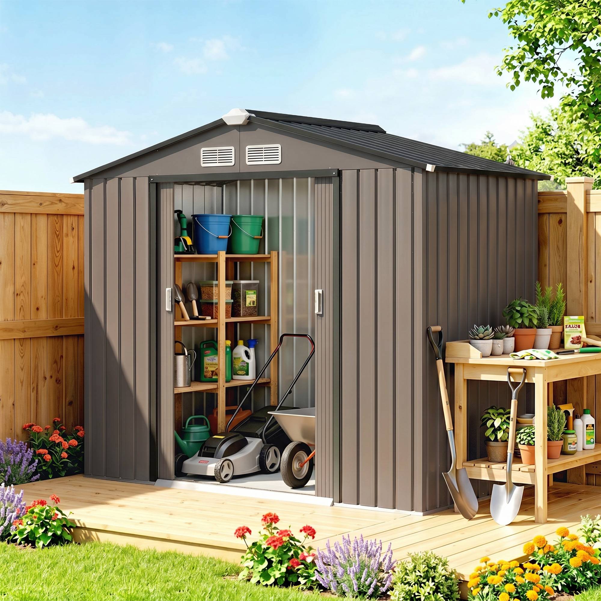 Abri de jardin acier 2,77 m² 213x130x185 cm avec porte coulissante, cabane rangement outils marron extérieur - Image 3